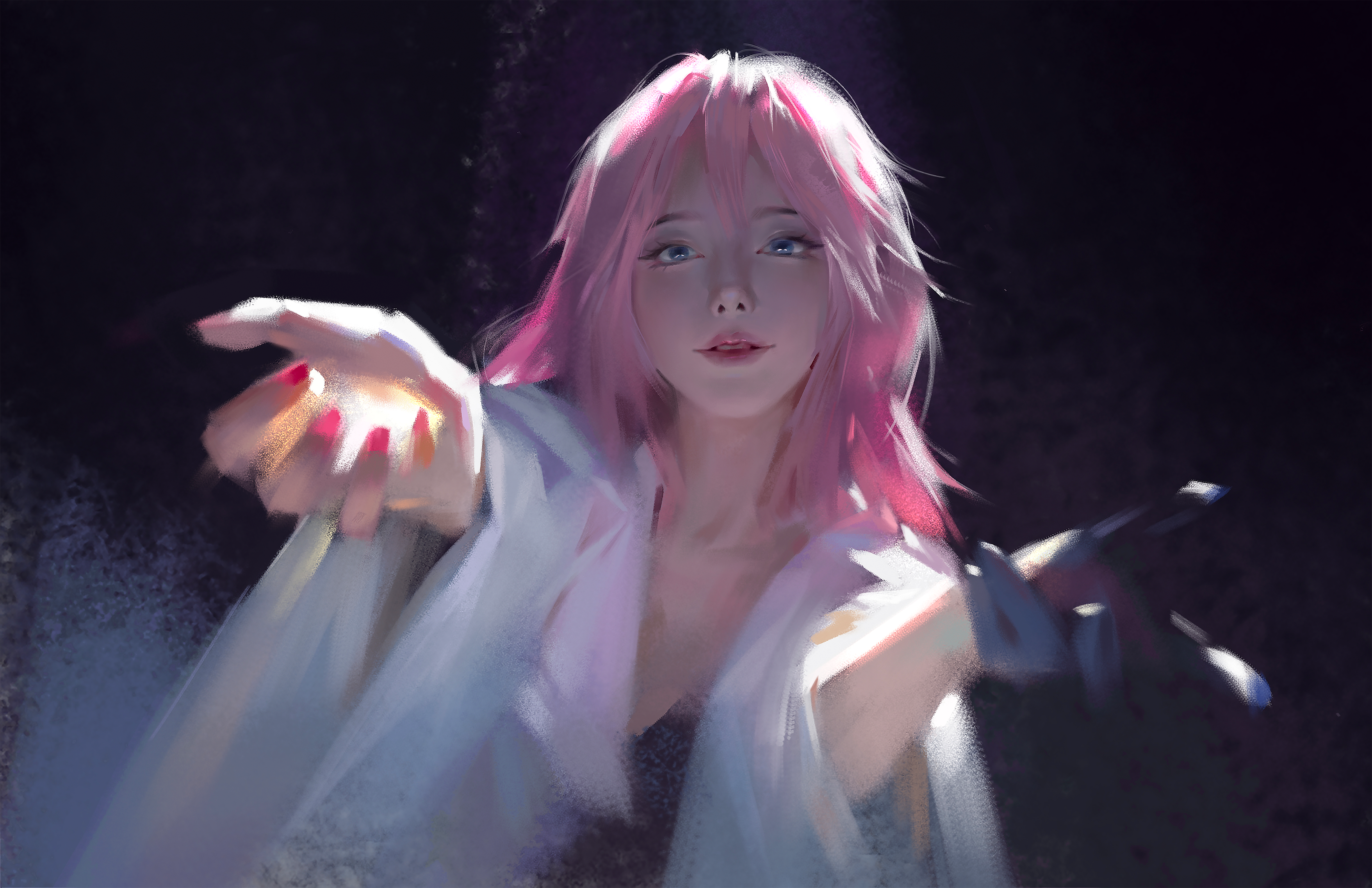 General 4589x2972 Wang Xiao digital art artwork illustration women pink hair simple background open mouth Asian looking at viewer arms reaching people anime boys
