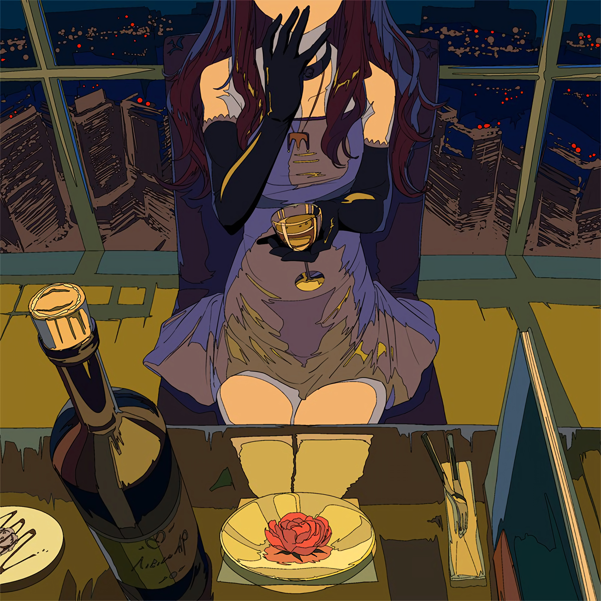 Anime 2000x2000 Cogecha anime anime girls portrait display long hair elbow gloves necklace wine wine glass dress drink sitting city city lights fork knife plates choker