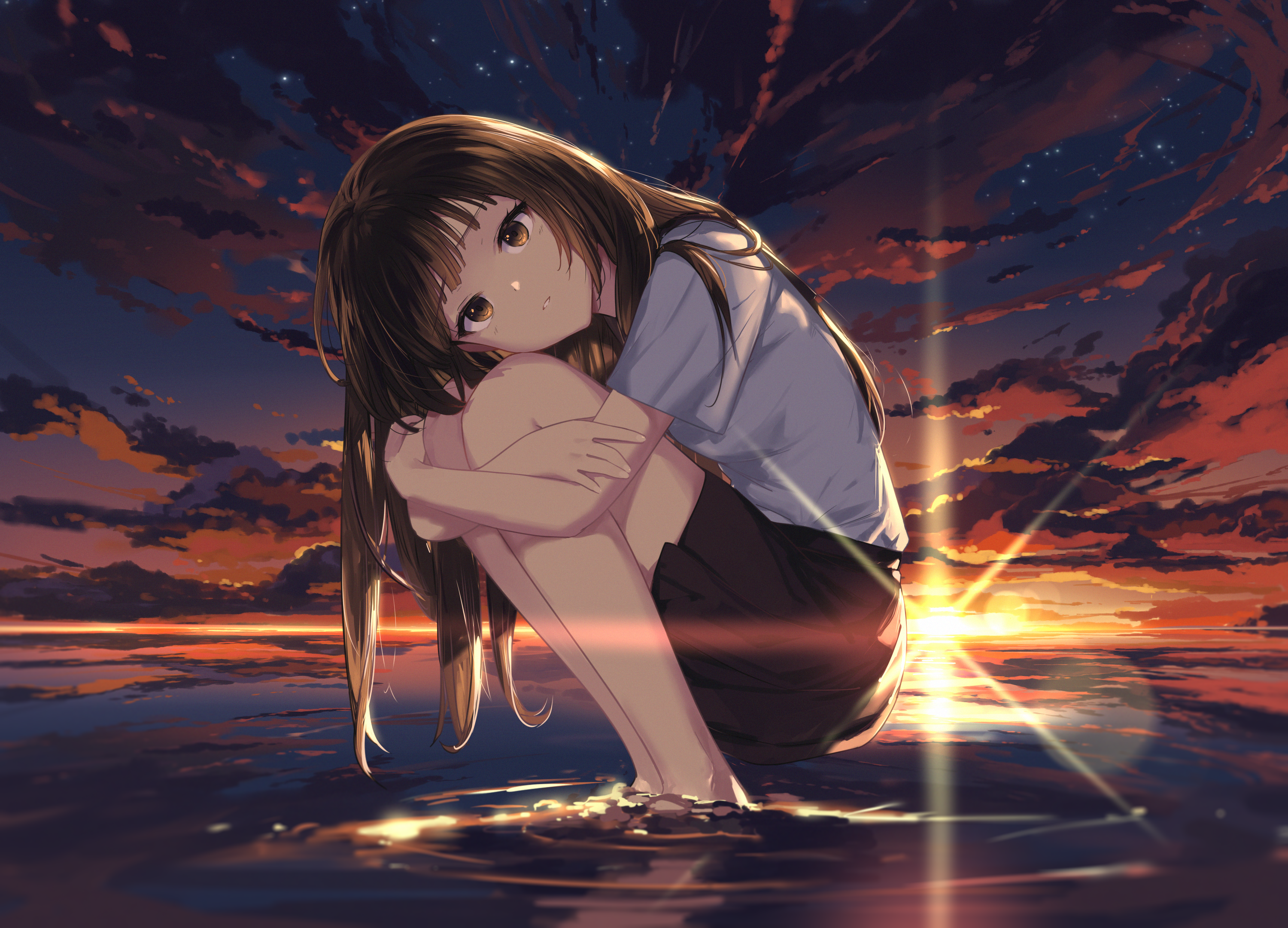 Anime 3000x2160 anime anime girls sunset sunset glow squatting in water water looking at viewer clouds long hair brunette stars schoolgirl school uniform sky standing in water