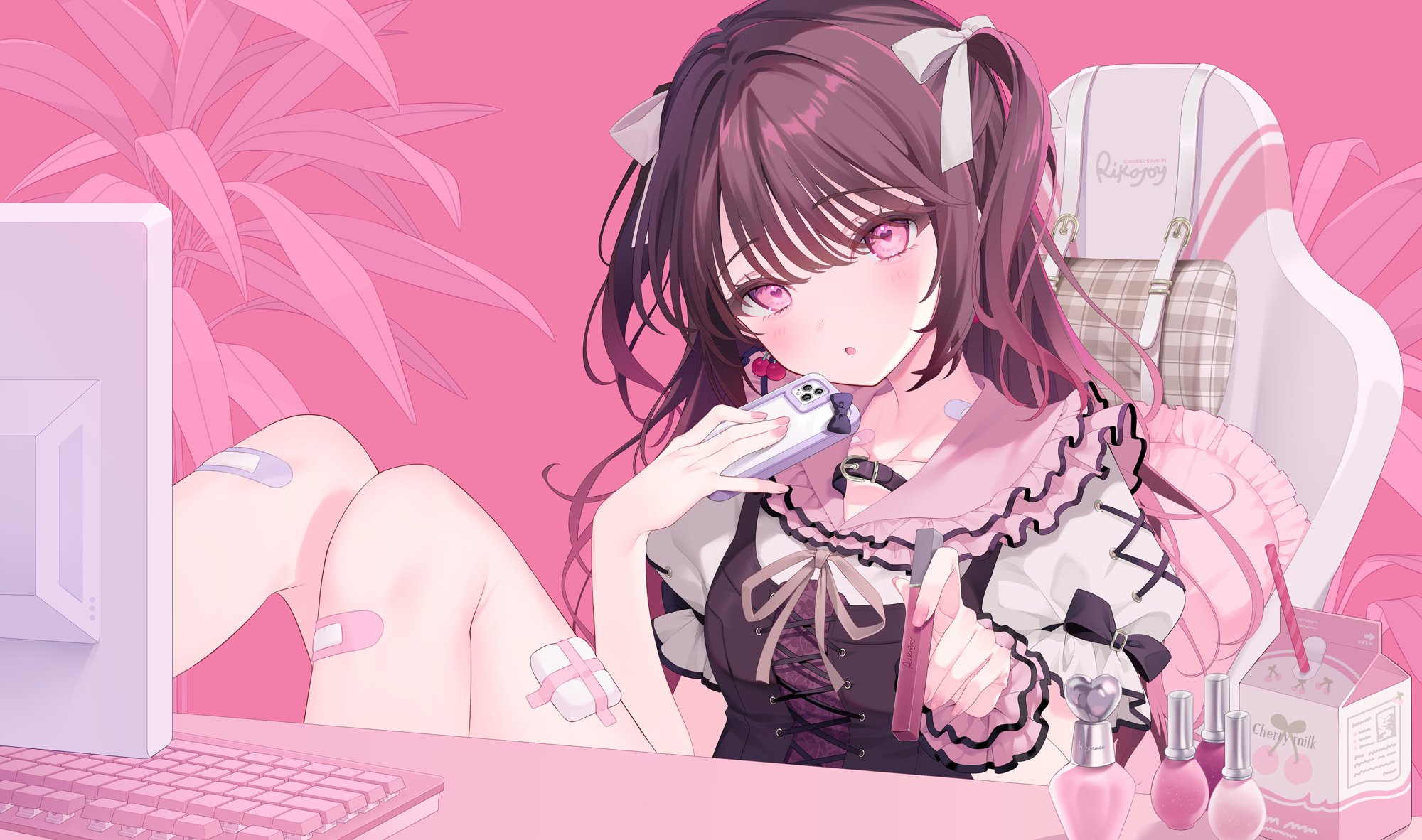 Anime 2000x1182 anime girls patch  looking at viewer sitting phone gaming chair perfume drink milk computer Band-Aid blushing long hair heart eyes Twitter