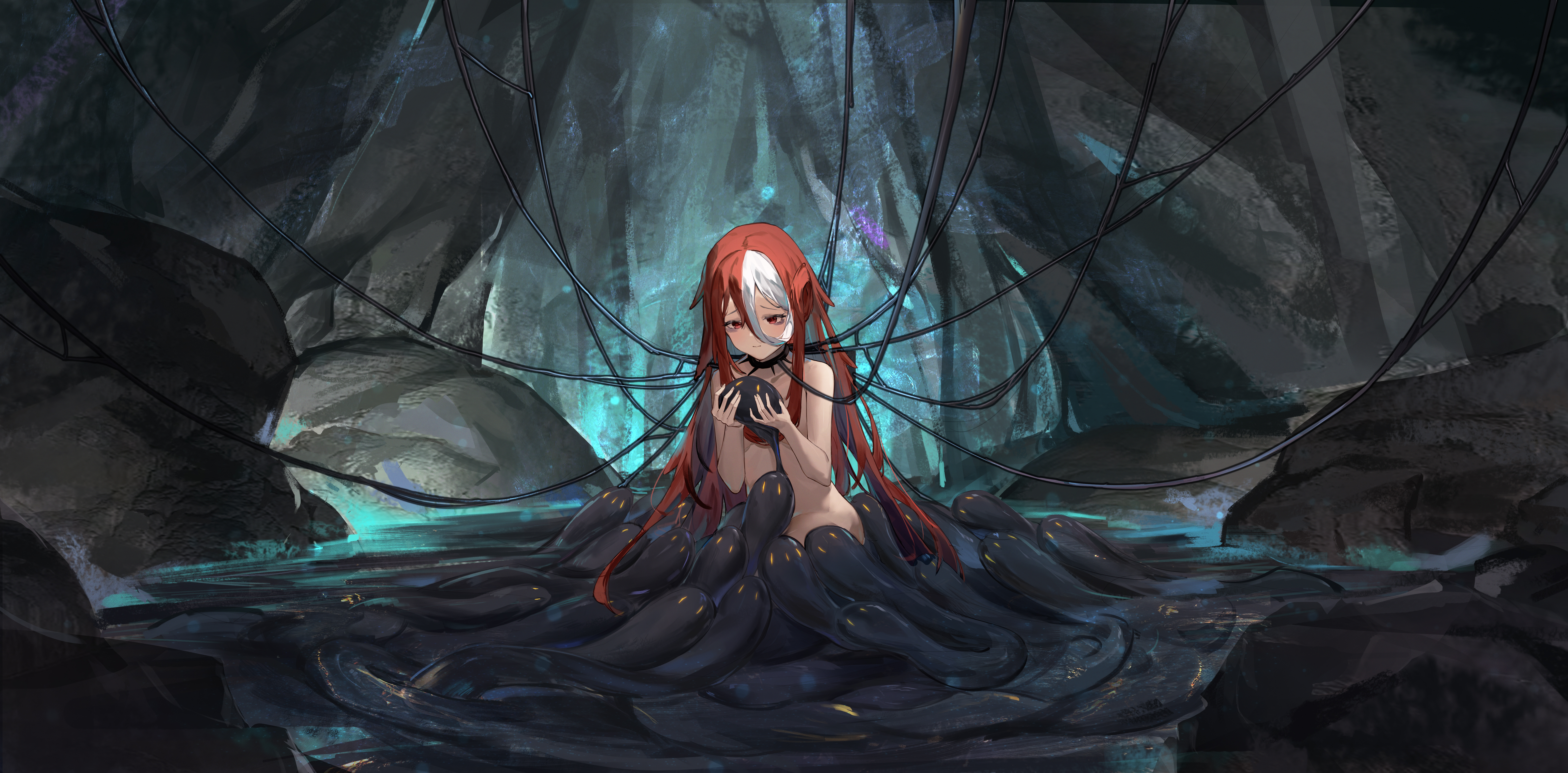 Anime 8000x3945 anime anime girls Made in Abyss Flantia two tone hair long hair creature strategic covering red eyes