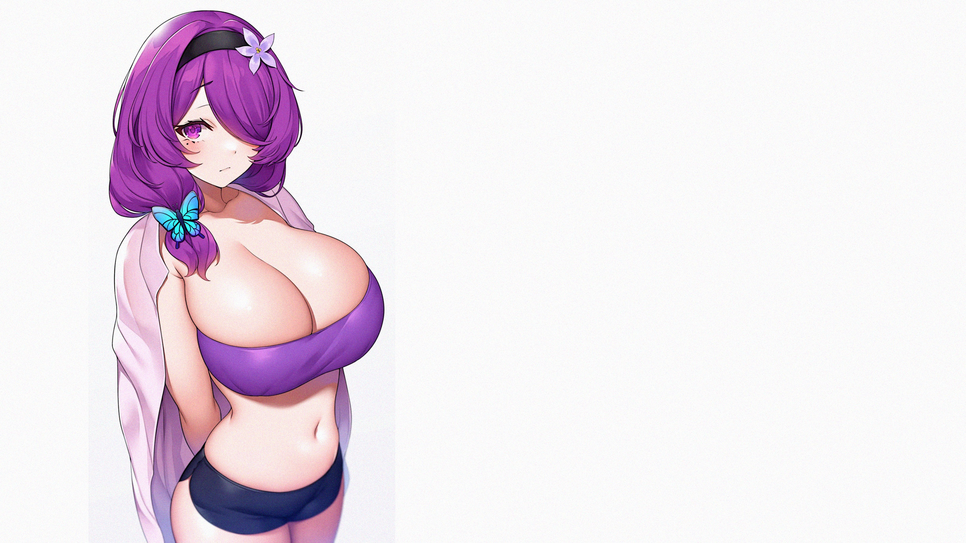 Anime 3256x1832 anime anime girls mature body wide hips thighs blushing ecchi boobs big boobs huge breasts minimalism simple background white background butterfly flower in hair standing looking at viewer booty shorts
