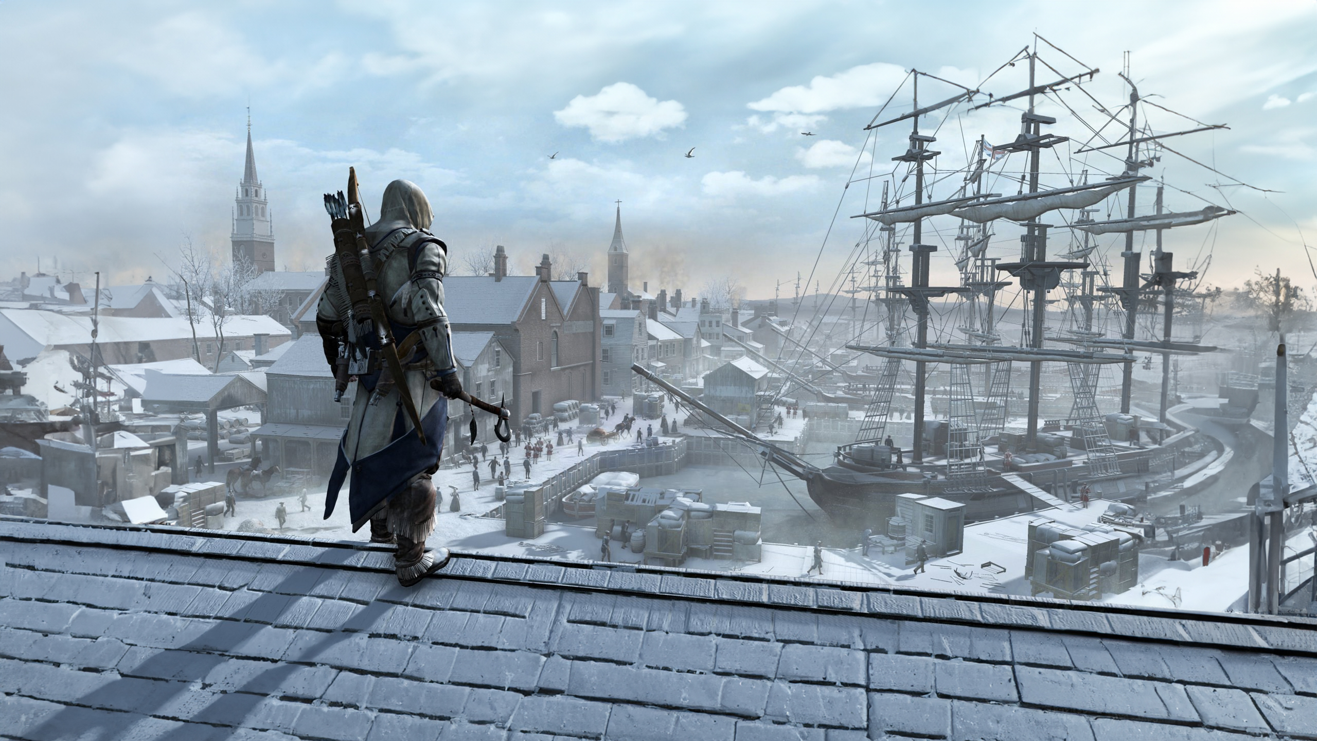 General 2560x1440 Photoshop Generative Fill Assassin's Creed winter video games Assassin's Creed III Connor Kenway axes video game characters sky clouds ship video game art snow building