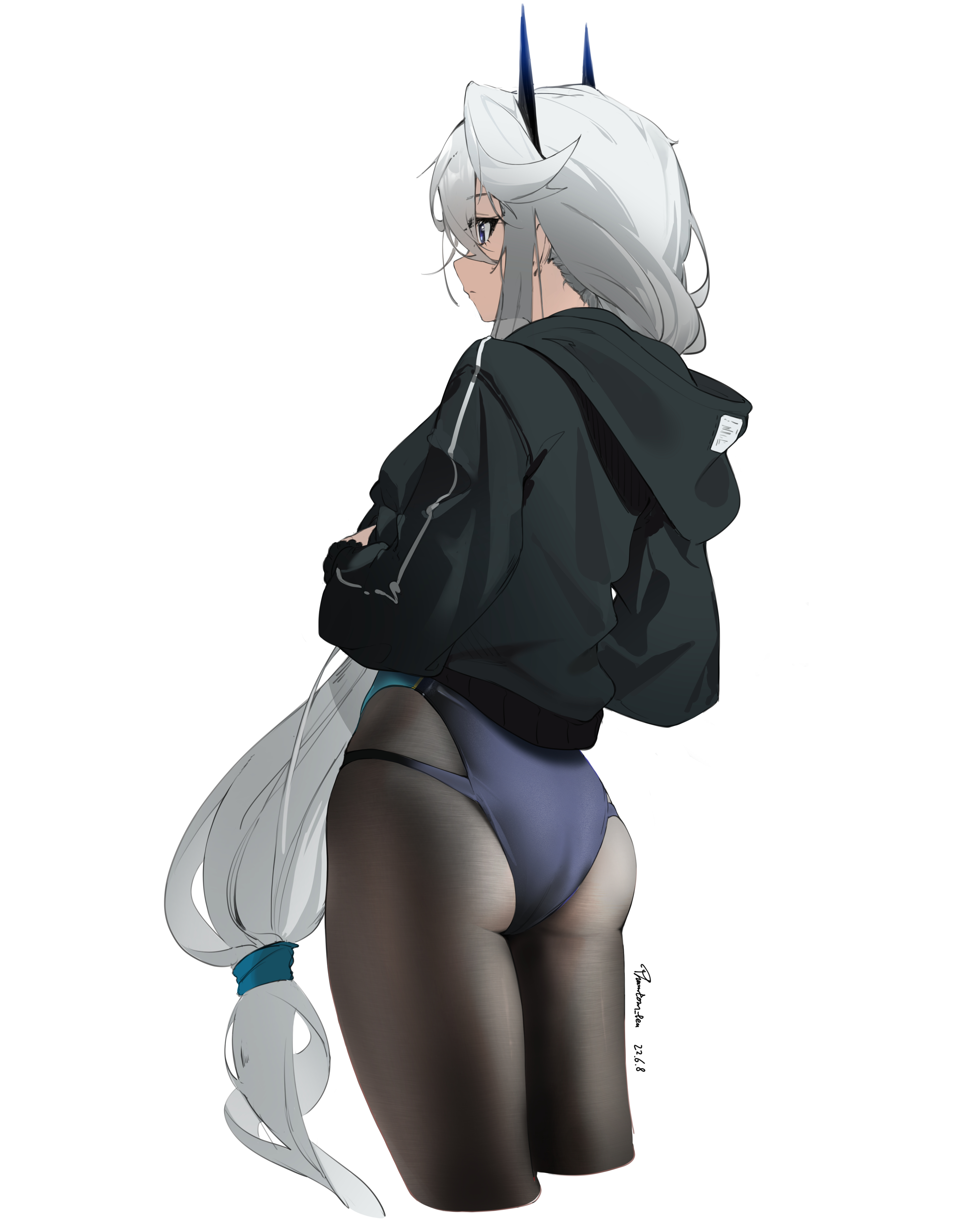 Anime 3500x4433 white hair sportswear fit body blue file royal sister pantyhose ass looking away anime girls portrait display signature long hair simple background white background minimalism standing jacket
