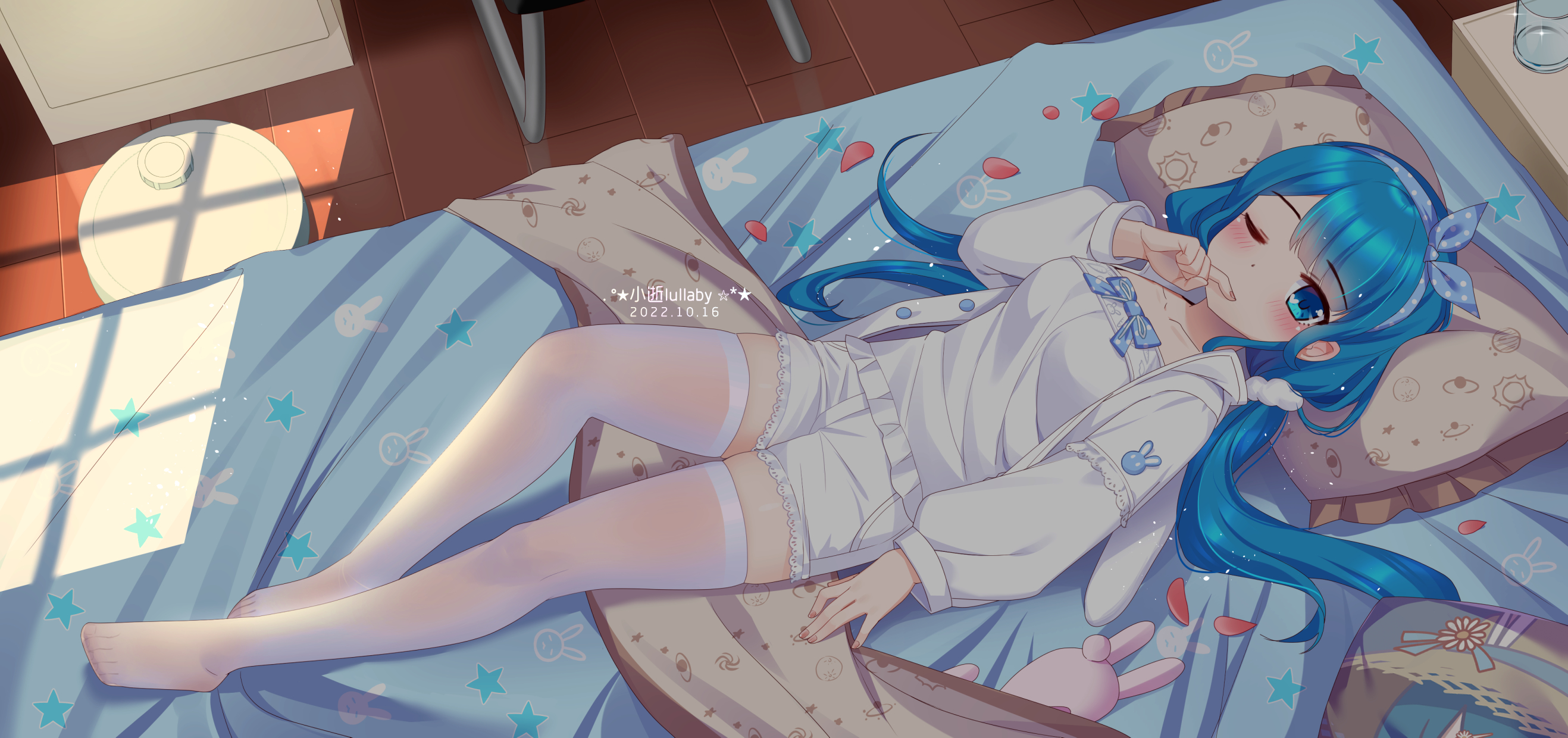 Anime 2635x1240 anime anime girls blue hair one eye closed blue eyes blushing lying down lying on back stockings bow tie looking at viewer bed petals pillow feet twintails long hair