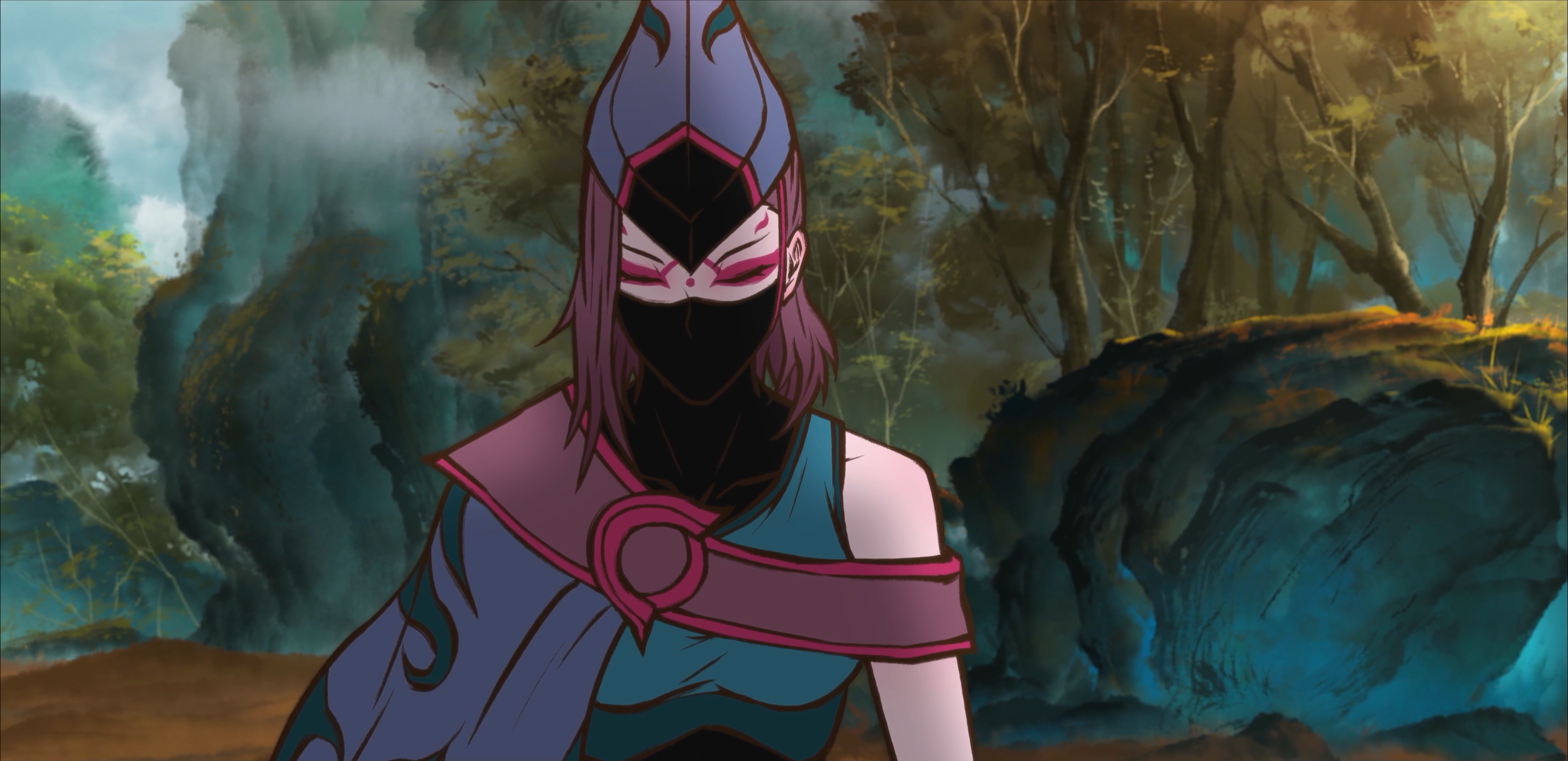 Anime 3500x1699 ChinaGuFeng Wushan five elements women mask closed eyes trees Fog Hill of Five Elements