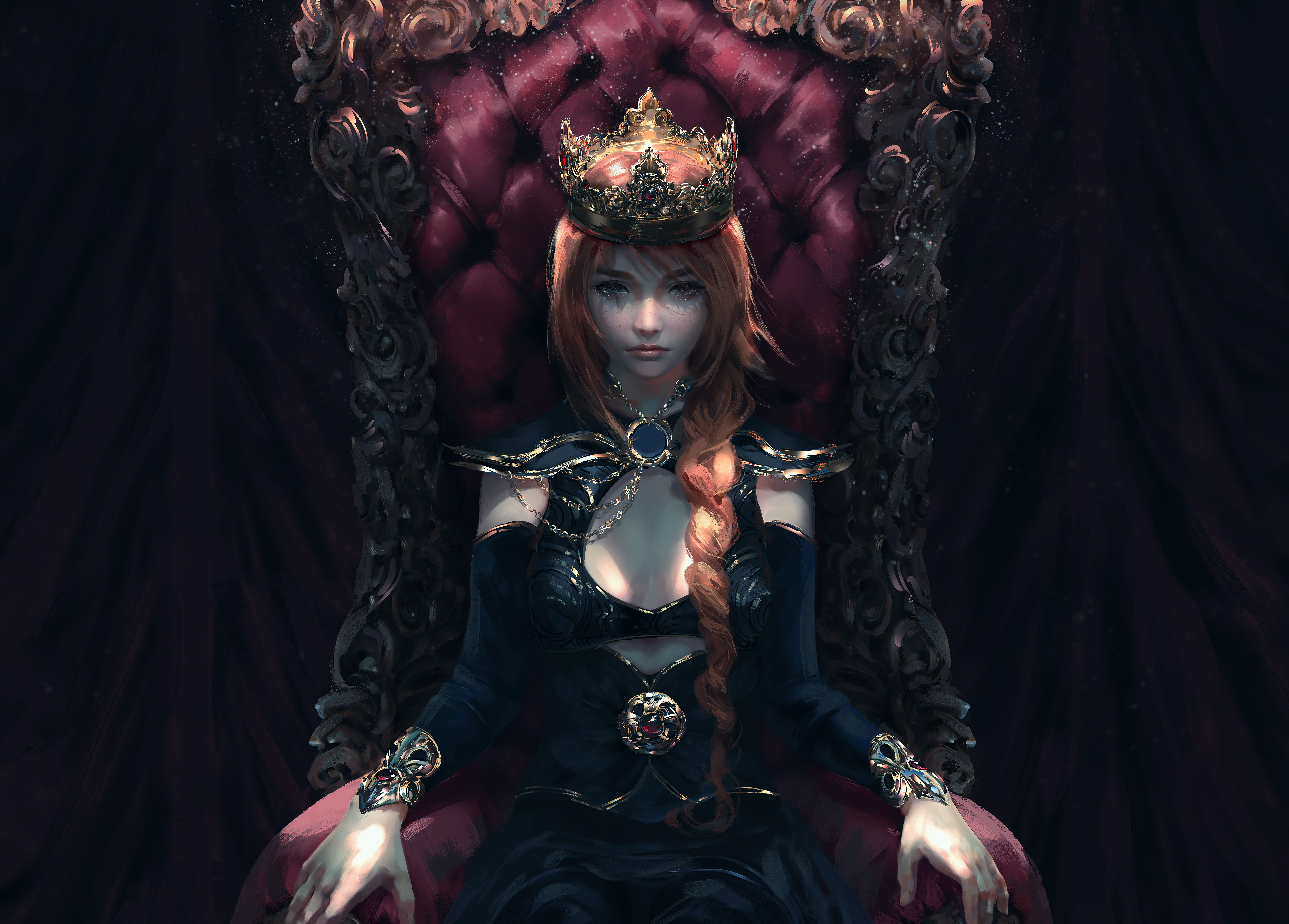 General 6400x4589 Nixeu digital art artwork illustration women sitting Queen (royalty) crown blonde long hair braids freckles couch looking at viewer dress