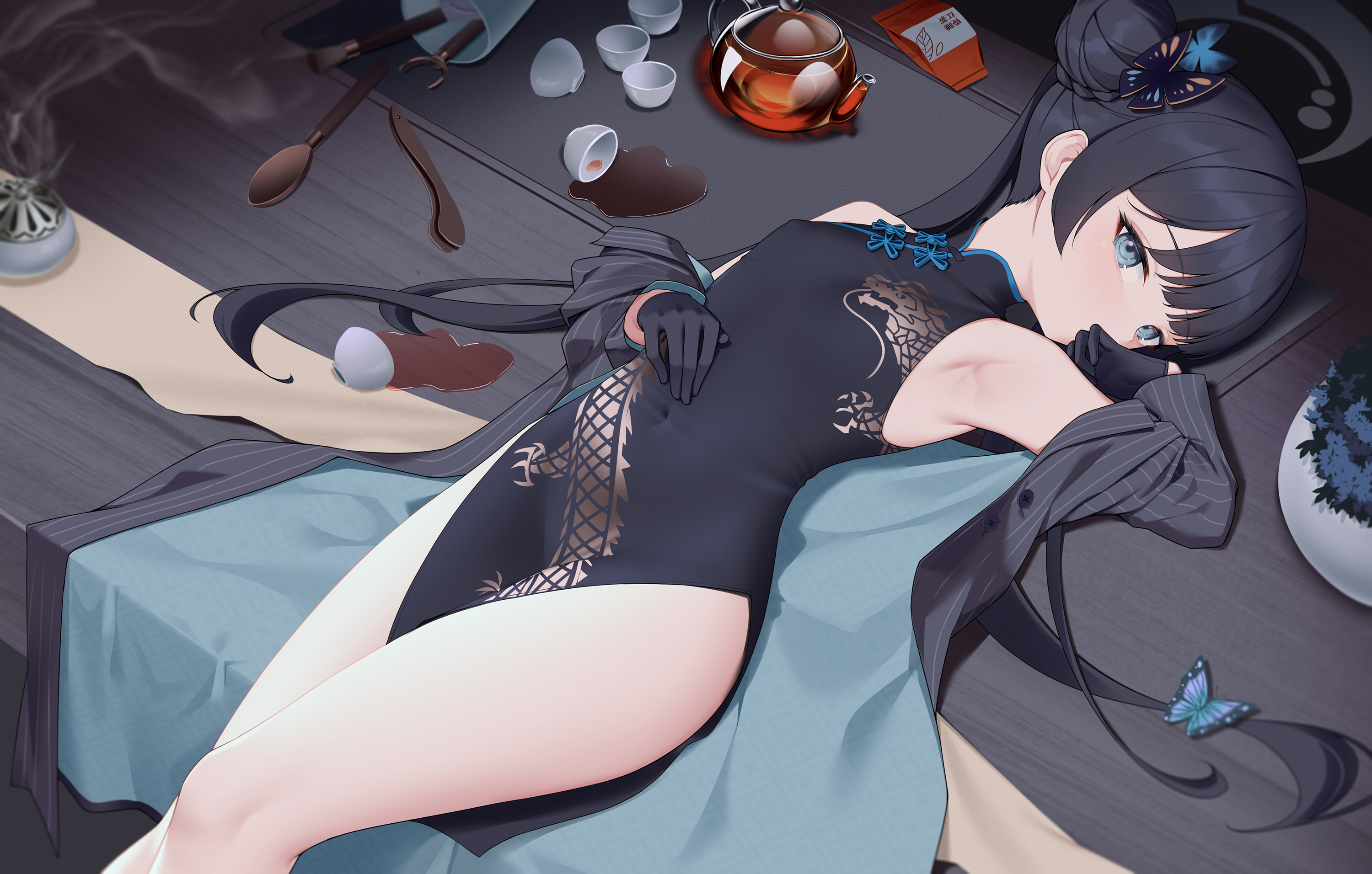 Anime 3000x1912 anime anime girls chinese dress Blue Archive Kisaki (Blue Archive) hairbun lying down lying on back armpits small boobs gloves looking at viewer long hair butterfly insect cup Bingchuan Xian Yu Huang spoon Chinese dragon