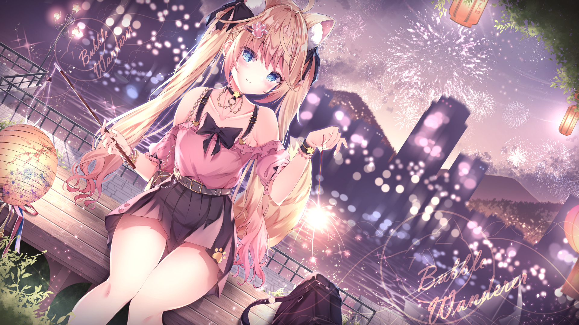 Anime 1920x1080 anime anime girls sitting twintails gradient hair two tone hair fireworks lights bag looking at viewer smiling cat girl cat ears long hair bow tie loli