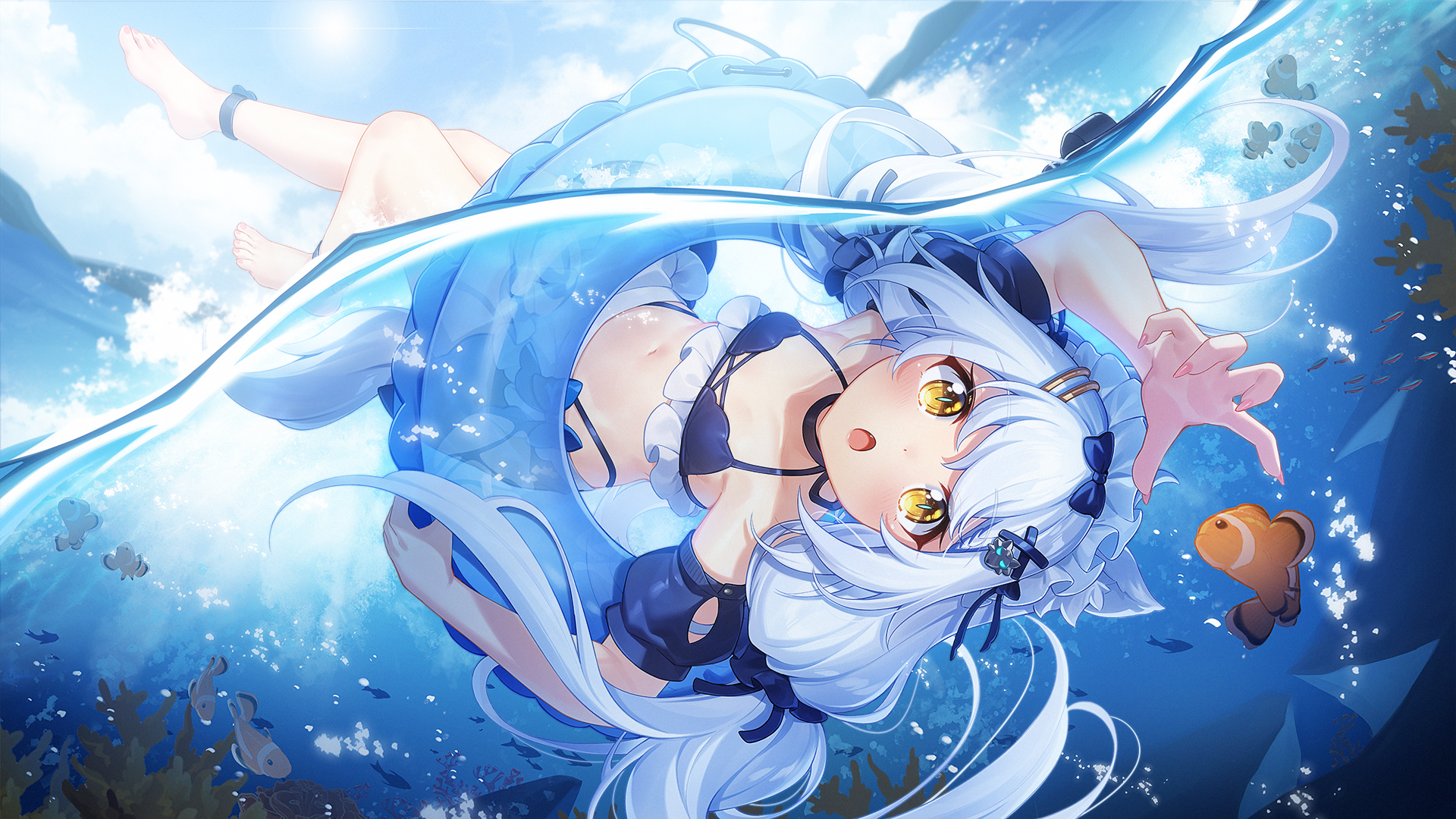 Anime 1920x1080 anime anime girls water underwater in water long hair hair   yellow eyes fish animals coral floater swimwear small boobs bikini hair bows open mouth Sun sunlight sky clouds feet long nails