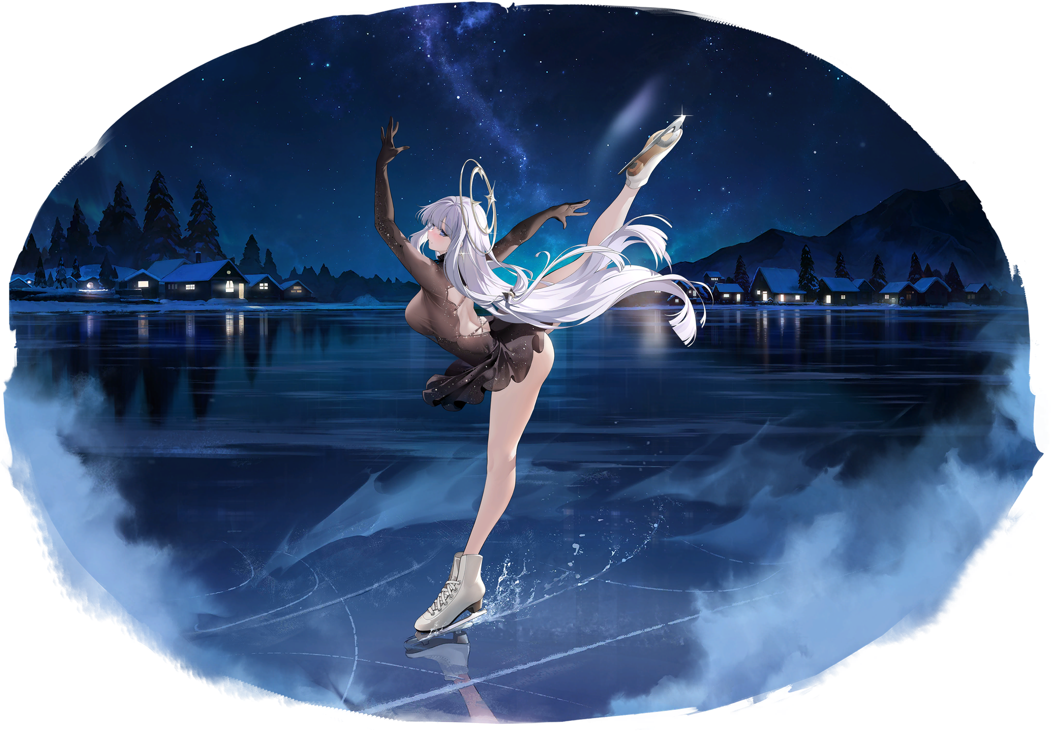blue eyes, white hair, parted lips, leg up, ass, moles, big boobs, long  hair, women outdoors, looking sideways, arms up, Azur Lane, skating, anime  girls, starry night, starred sky, ice skate, Guichen (