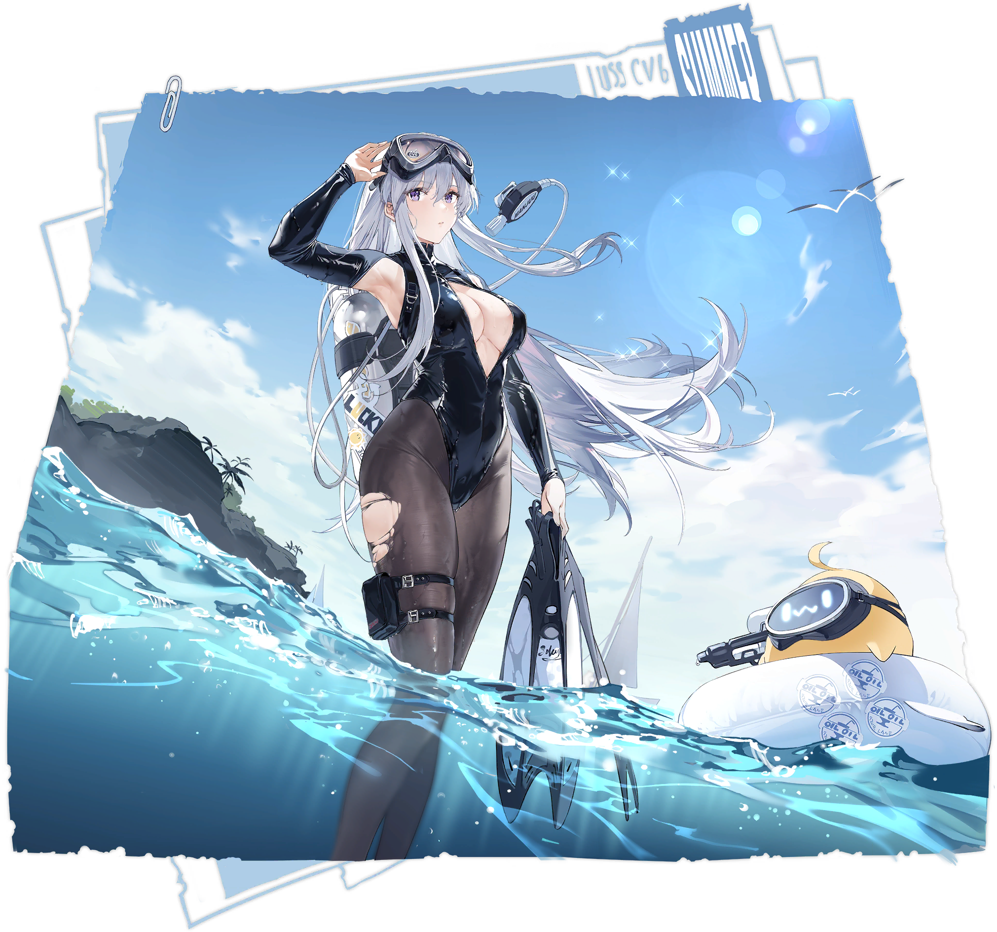 Anime 2048x1914 Azur Lane diving suits anime girls portrait display Enterprise (Azur Lane) sea Manjuu (Azur Lane) water standing in water picture recycllamo scuba diving bodysuit palm trees floater torn clothes silver hair long hair purple eyes goggles swimming goggles sky clouds women outdoors black swimsuit armpits one-piece swimsuit birds sunlight black pantyhose big boobs cleavage cutout