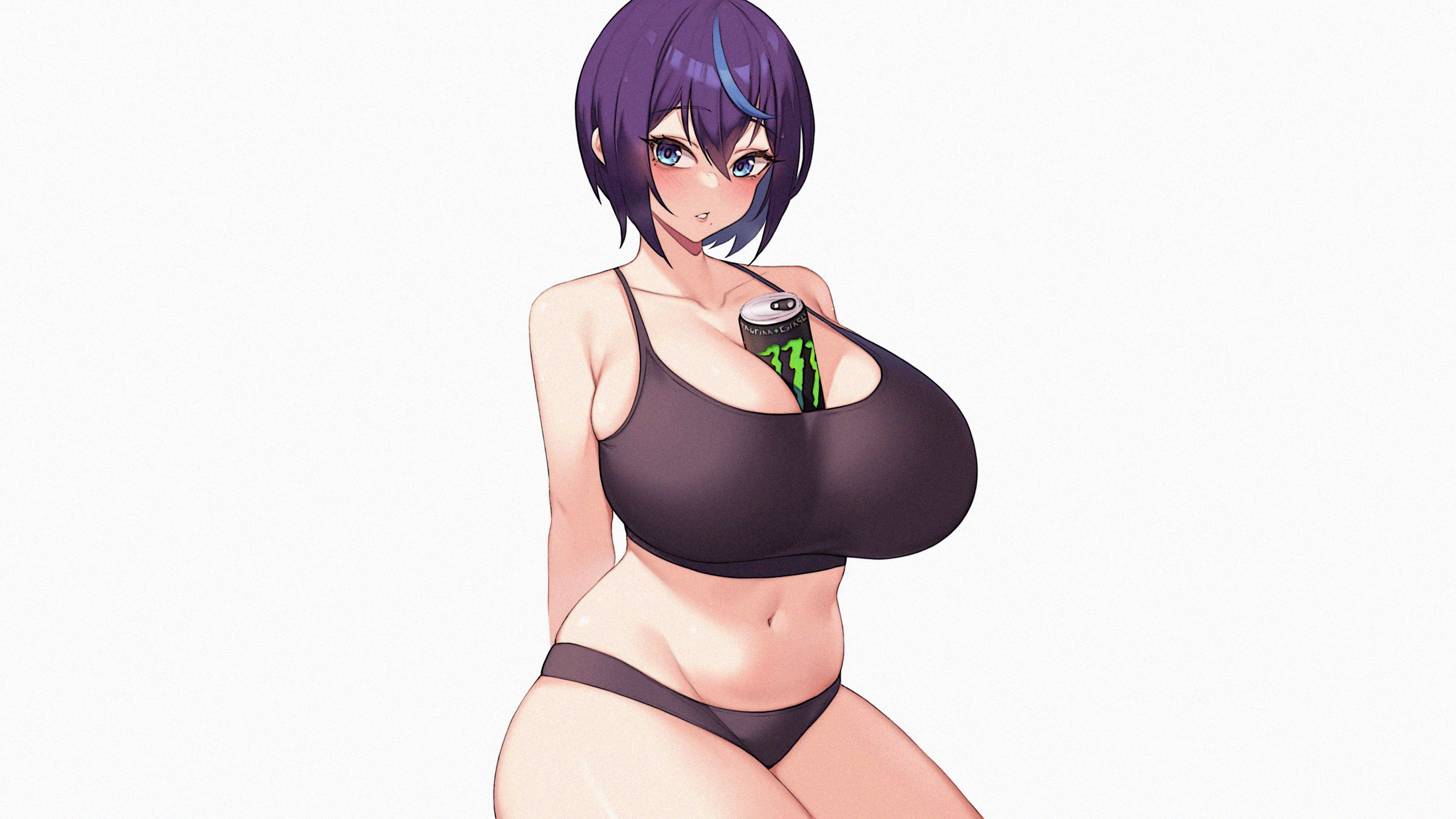 Anime 3256x1832 anime anime girls mature body wide hips thighs ecchi boobs big boobs huge breasts simple background white background can Monster Energy short hair minimalism two tone hair looking at viewer blushing moles mole under mouth item between boobs