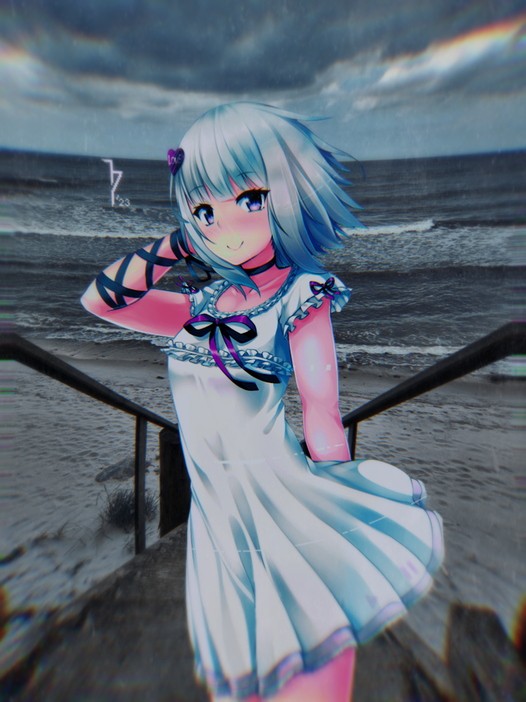 Anime 1080x1441 animeirl seashore clouds white hair white dress smiling portrait display sky short hair looking at viewer choker dress waves water bow tie blushing