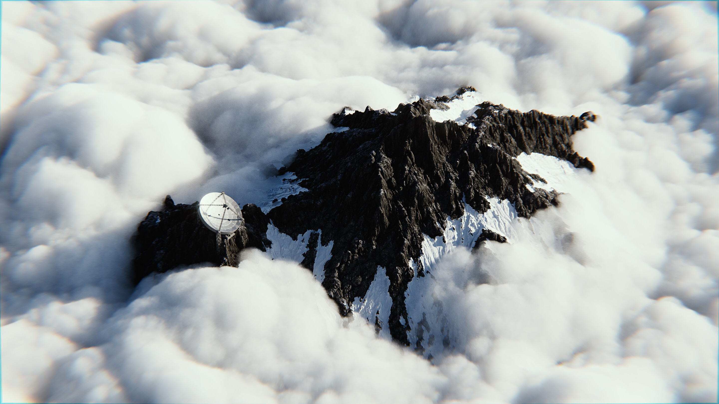 General 2880x1620 mountain top clouds CGI mountains snow digital art satellite dish