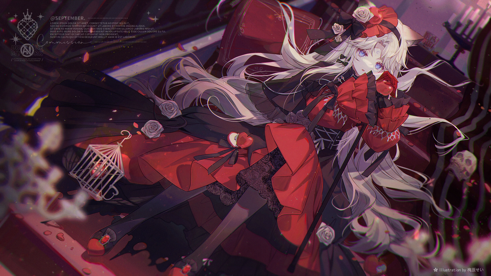 Anime 1689x950 anime anime girls dress cages long hair cat girl cat ears apples fruit looking at viewer blue eyes white hair candles watermarked stairs petals skull