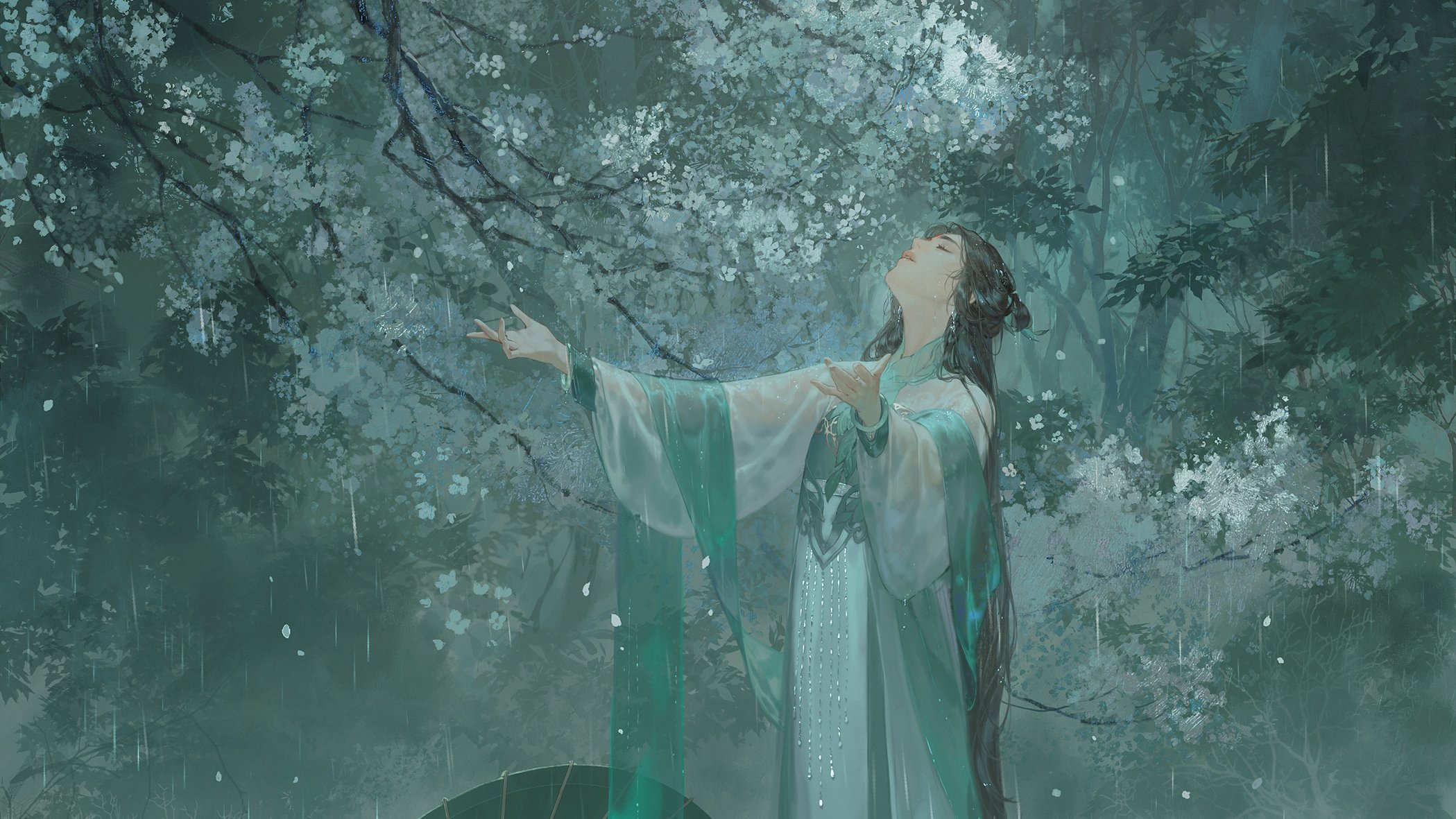Anime 2099x1181 anime girls green dress Chinese clothing trees long hair closed eyes looking up hairbun odango black hair hair ornament forest open arms outdoors water drops wet clothing long sleeves open mouth traditional clothing branch leaves wet foliage zzzi gn water petals