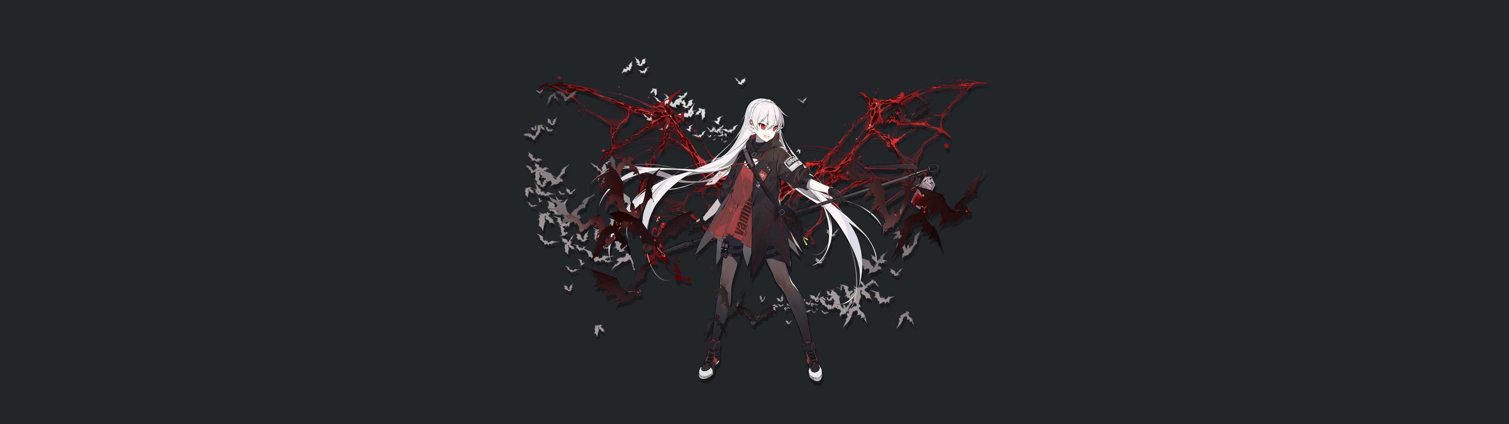 Anime 5120x1440 Warfarin (Arknights) Arknights anime girls simple background long hair minimalism white hair red eyes gloves weapon looking away standing bats animals wings