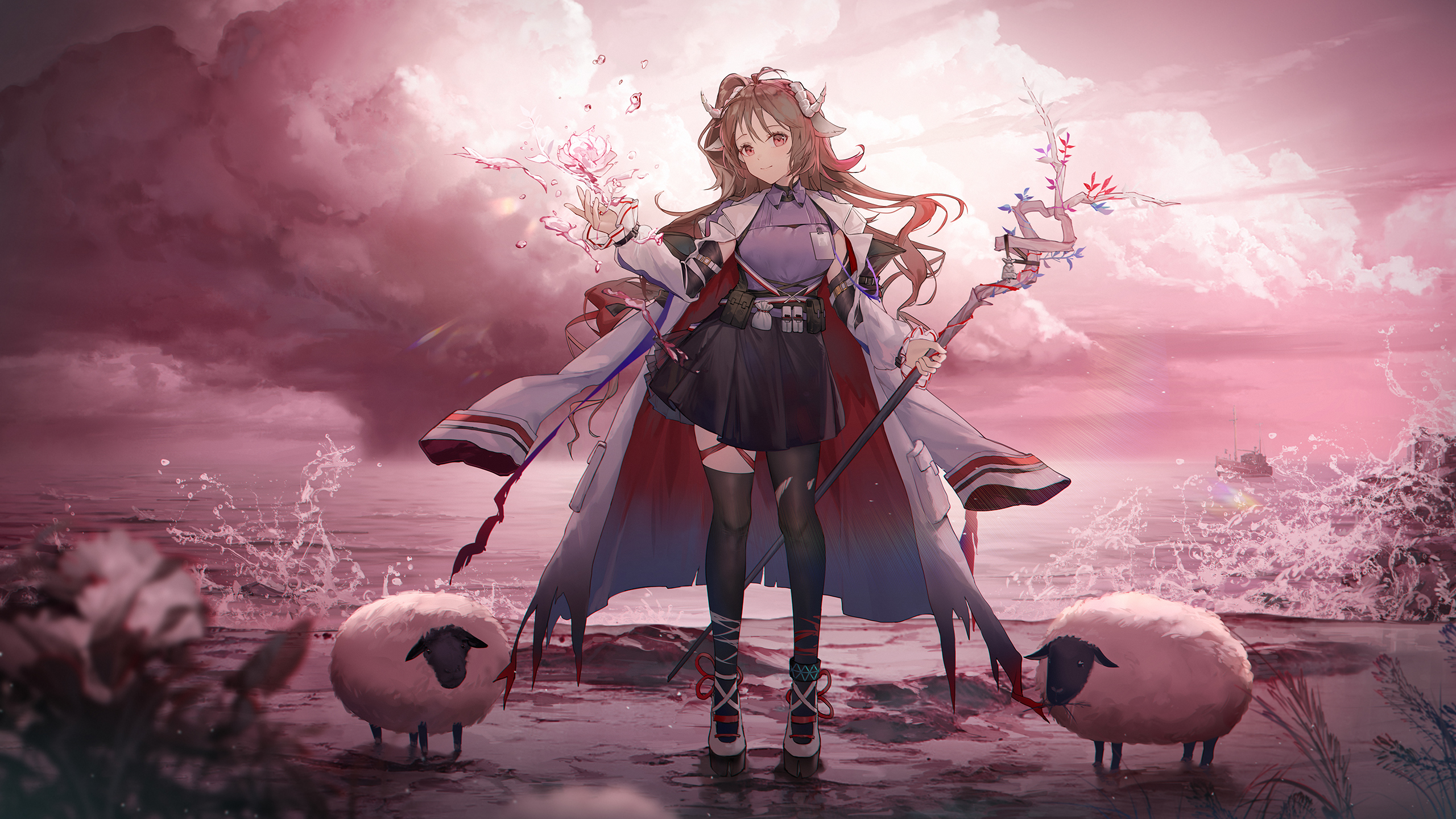 Anime 2560x1440 anime anime girls standing looking at viewer long hair sheep animals horns smiling clouds staff water ship waves sky
