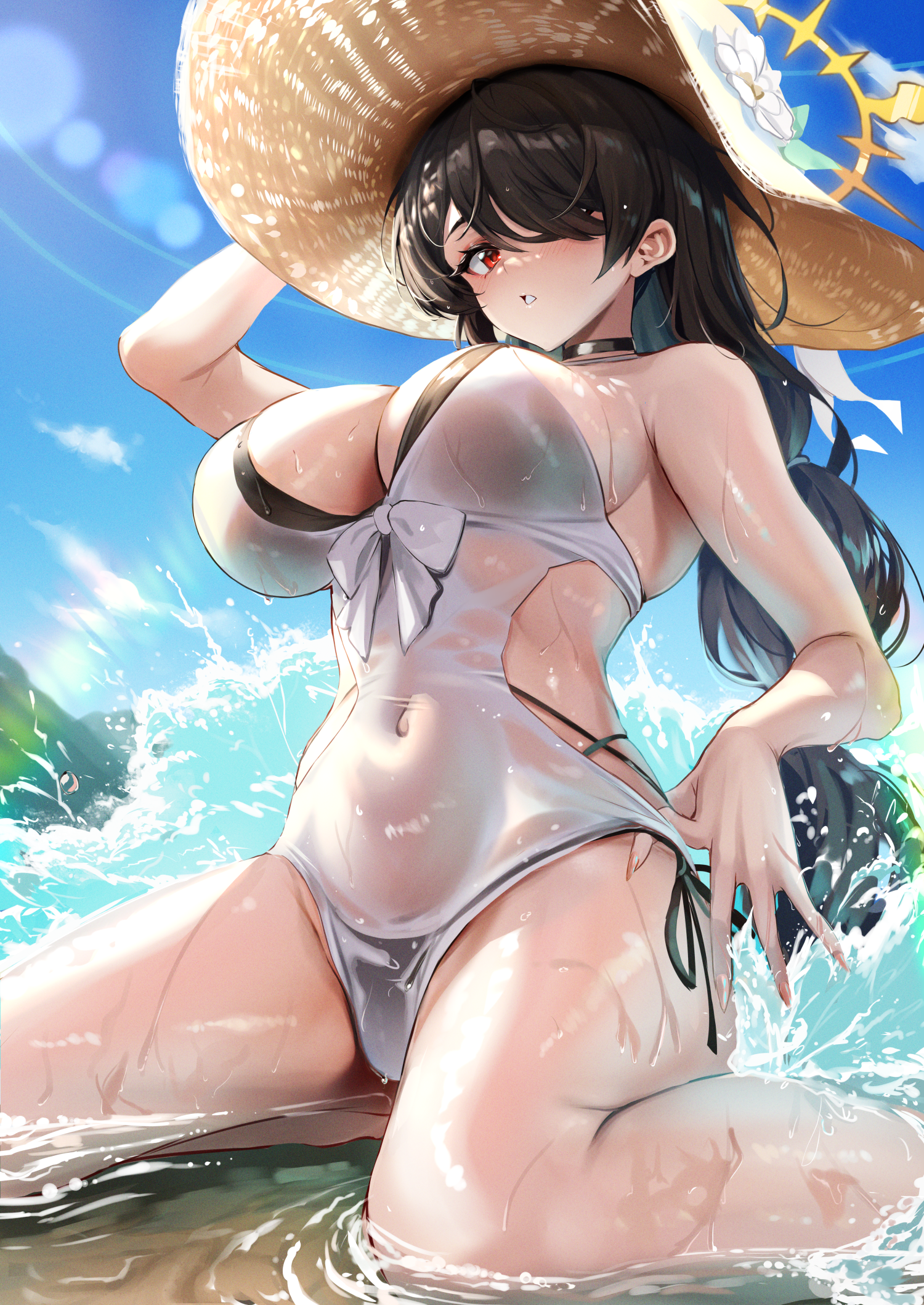 Anime 1500x2117 Blue Archive swimwear anime girls portrait display one-piece swimsuit water see-through clothing hat black bikinis black hair bikini hair over one eye lens flare one arm up red eyes parted lips sun hats straw hat huge breasts cleavage long hair white swimsuit kneeling looking at viewer choker women outdoors Hinata (Blue Archive) sky wet body wet swimsuit ksorede water drops splashes thighs wet