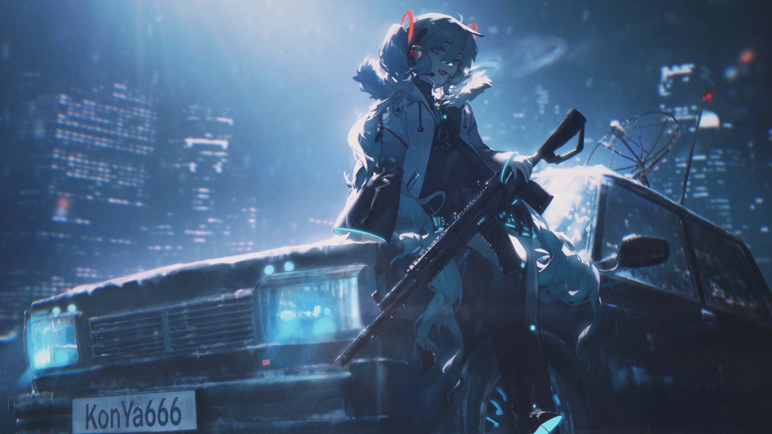 Anime 2560x1440 anime girls night car weapon mist artwork city gun girls with guns headphones licence plates frontal view standing vehicle looking at viewer