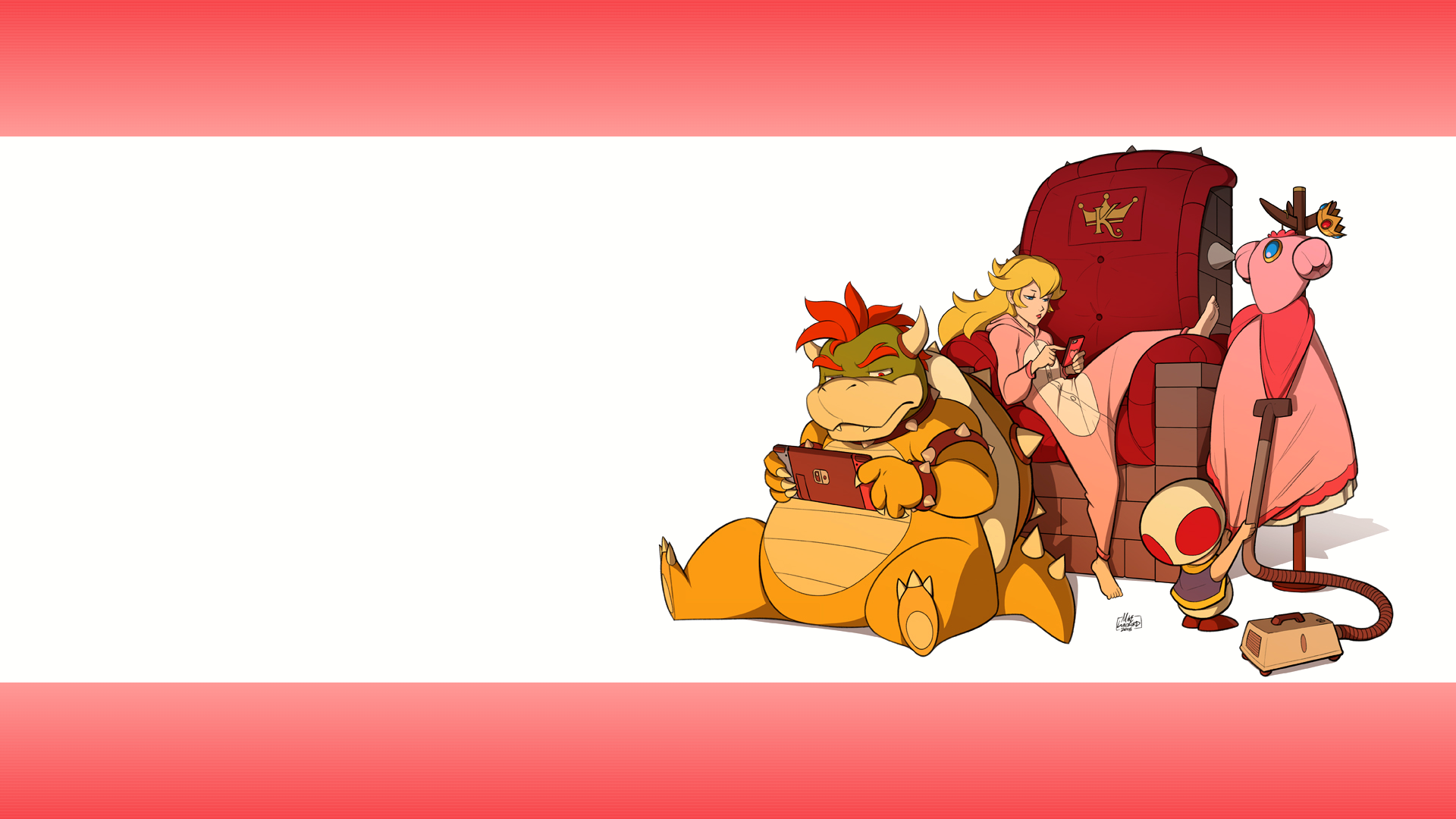 Anime 1920x1080 Super Mario Mario Bros. Princess Peach Bowser Toad (character) blonde long hair mushroom Nintendo Nintendo Switch phone smartphone crown dress pink dress jewel jewelry sitting couch throne vacuum cleaner reptiles Koopa redhead horns fangs claws Super Smash Brothers pyjamas pink pyjamas onesie boredom video games video game girls cleaning