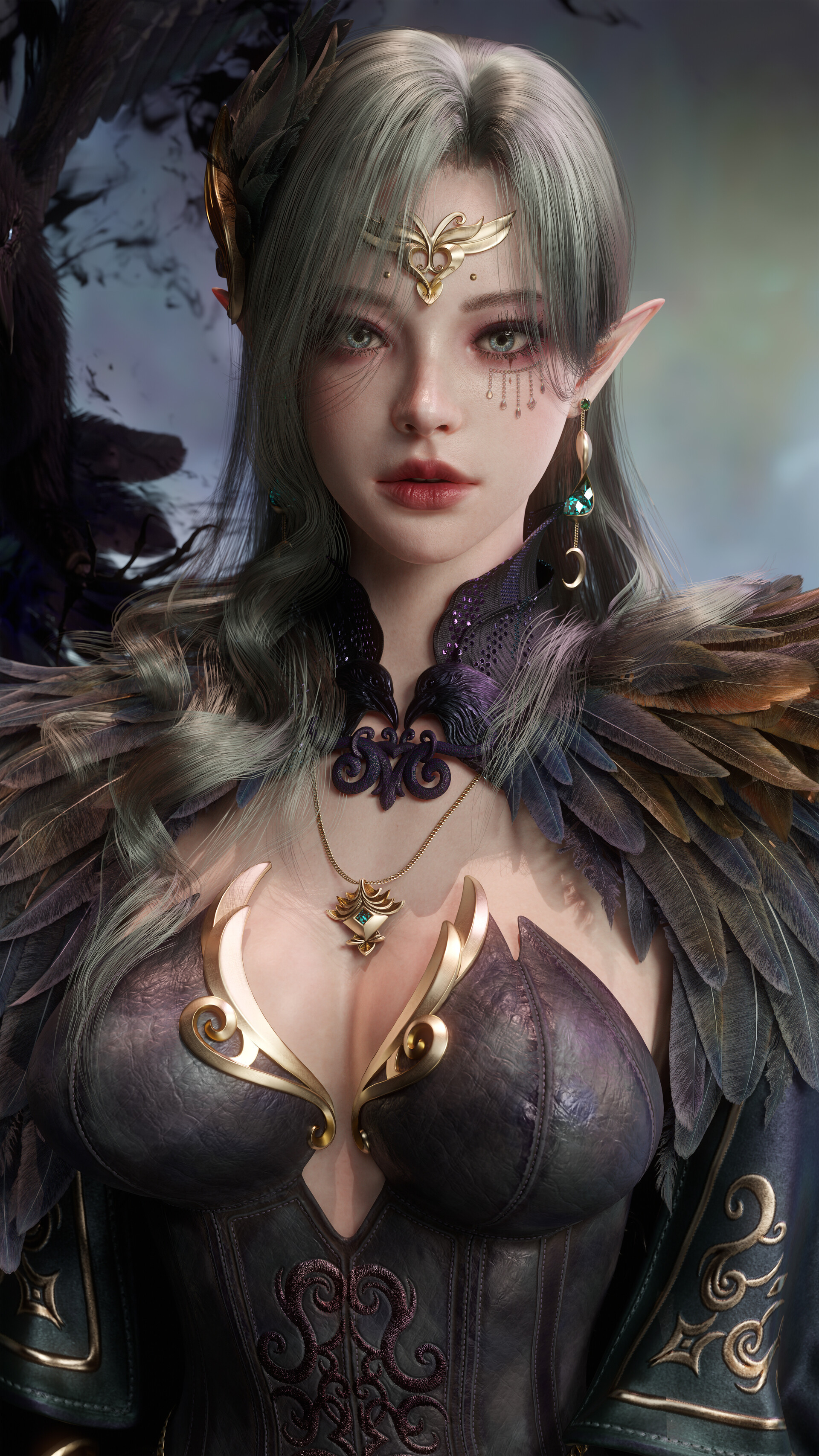 General 1920x3413 CGI women witch tiaras fantasy art portrait display digital art looking at viewer earring Hansol Lee pointy ears necklace