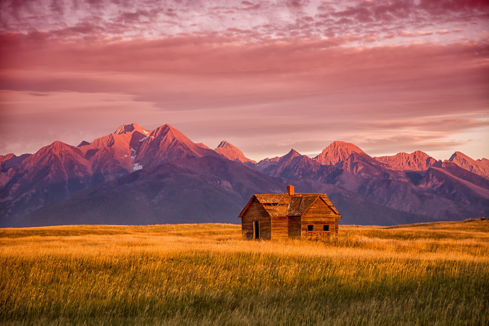 General 2048x1365 USA Montana mountains grass abandoned house sky sunrise cabin log cabin landscape nature clouds