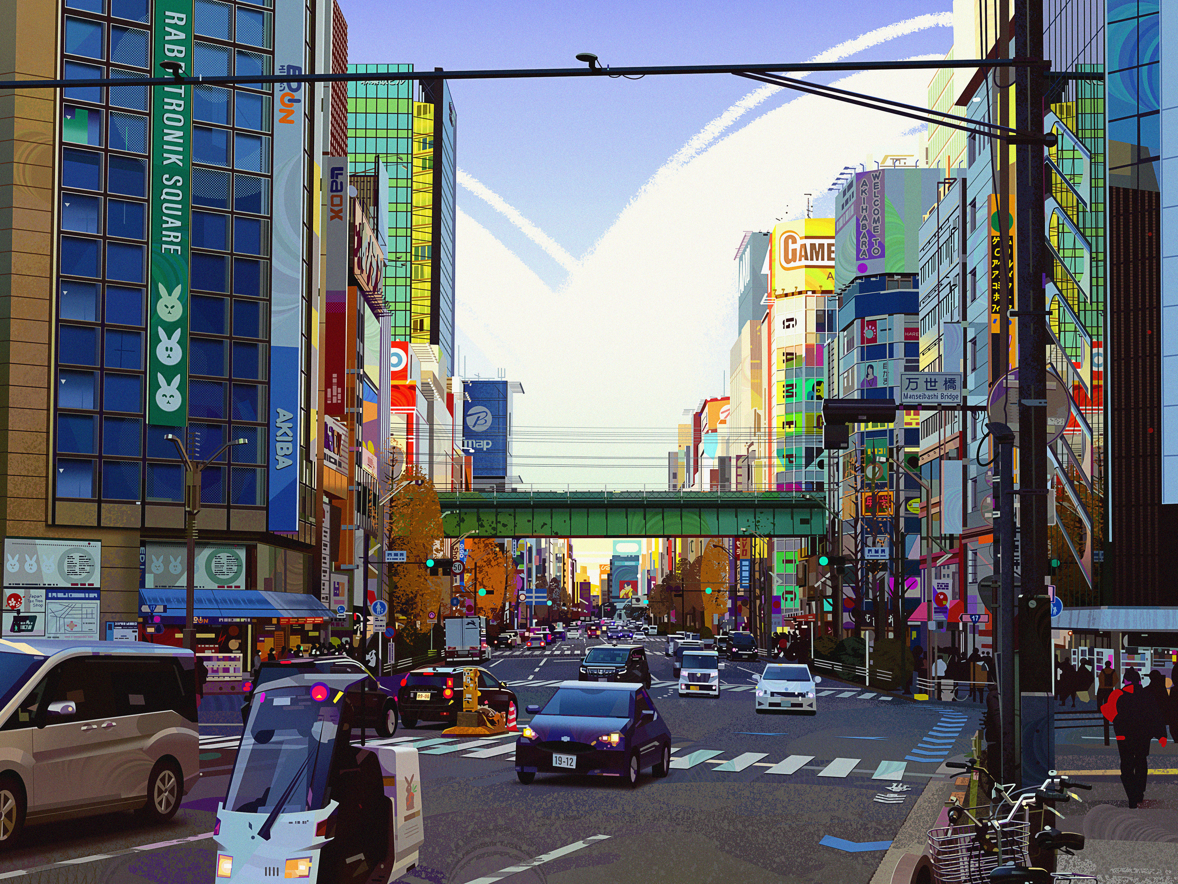 General 3840x2883 Tokyo Japan Akihabara digital art artwork illustration city cityscape vehicle traffic environment painting car headlights taillights licence plates road street building