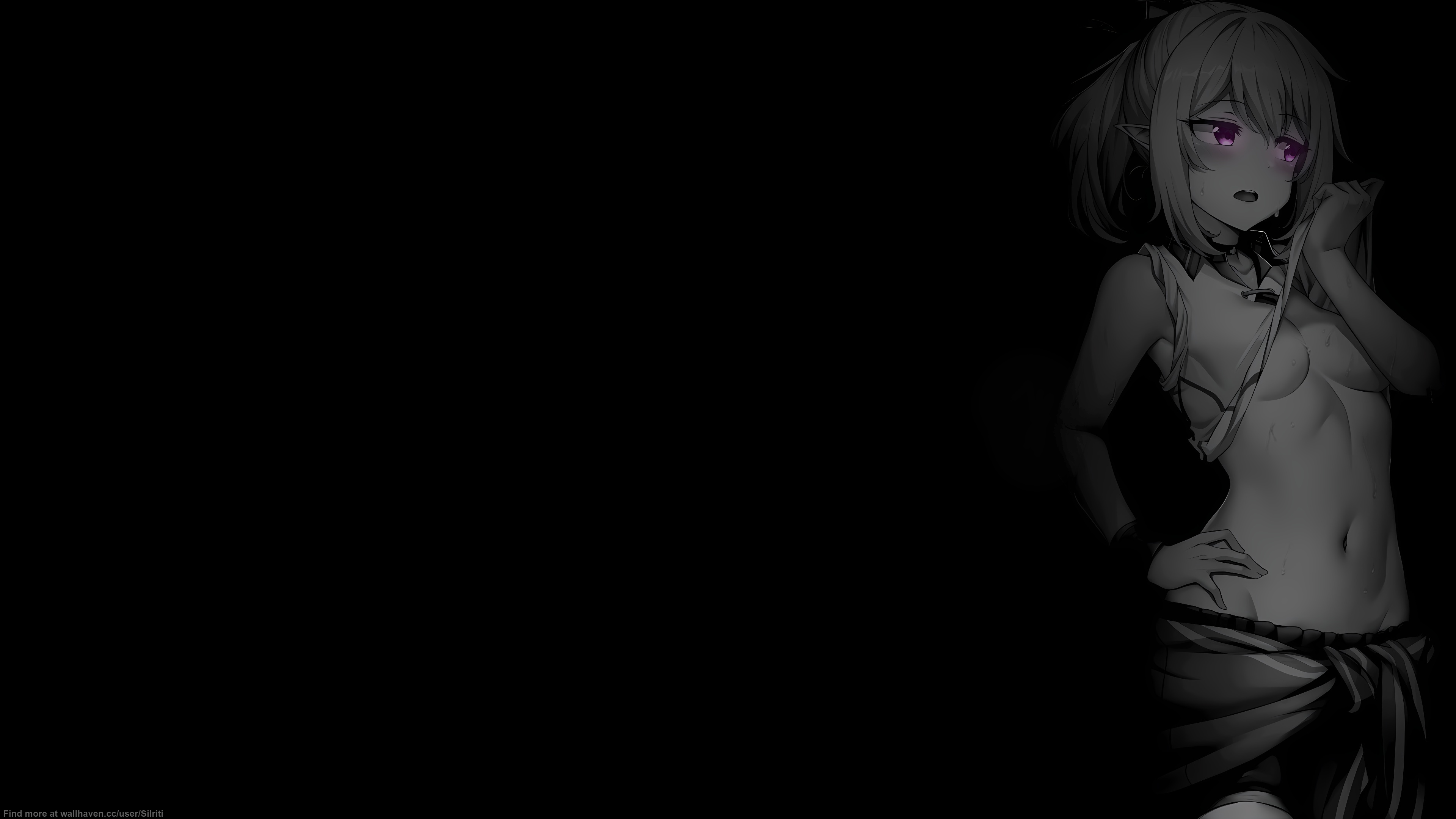 Anime 3840x2160 selective coloring black background dark background simple background anime girls upscaled minimalism lifting shirt small boobs pointy ears sweat sweaty body