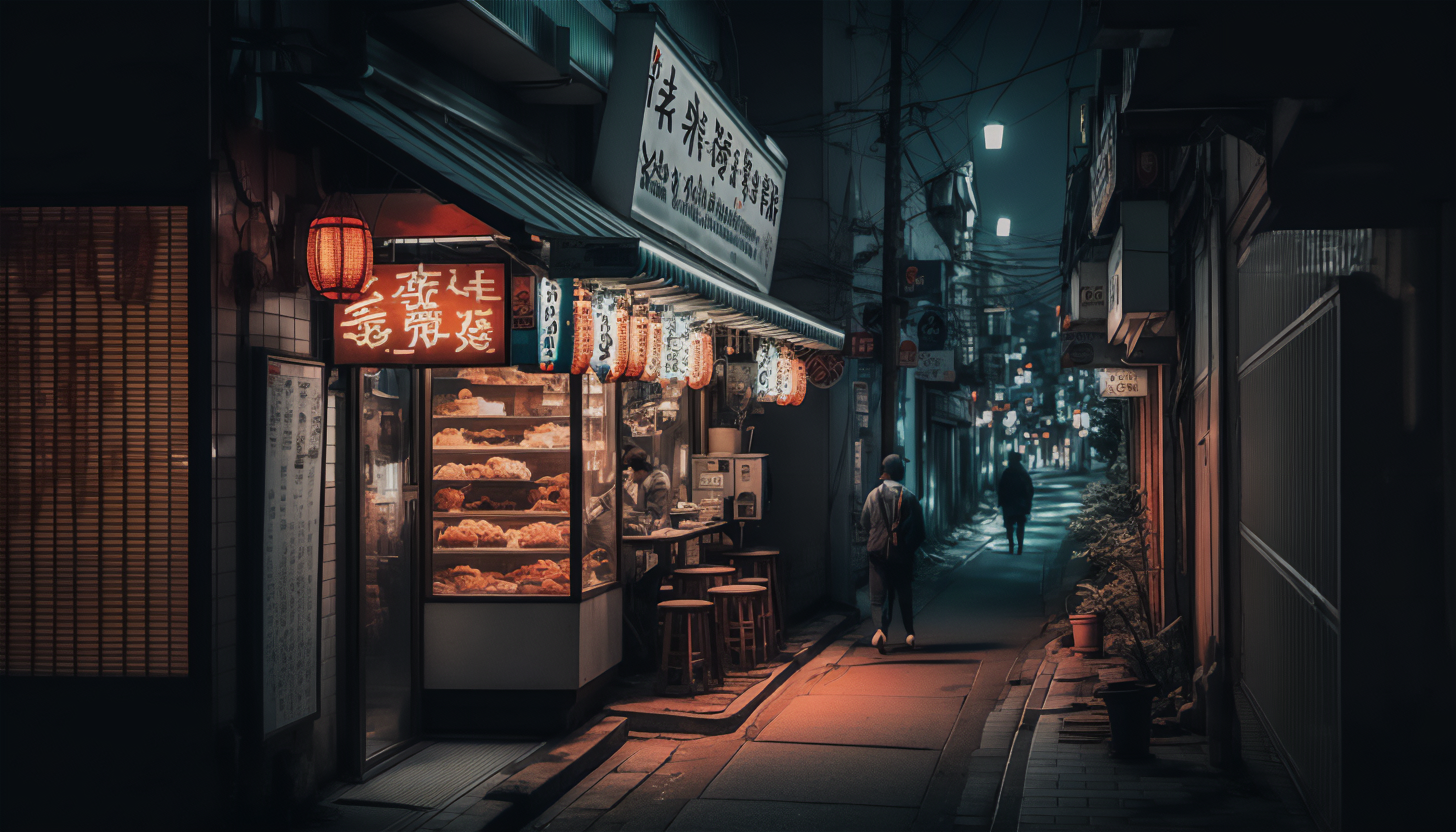 General 3136x1792 AI art Tokyo night street light alleyway