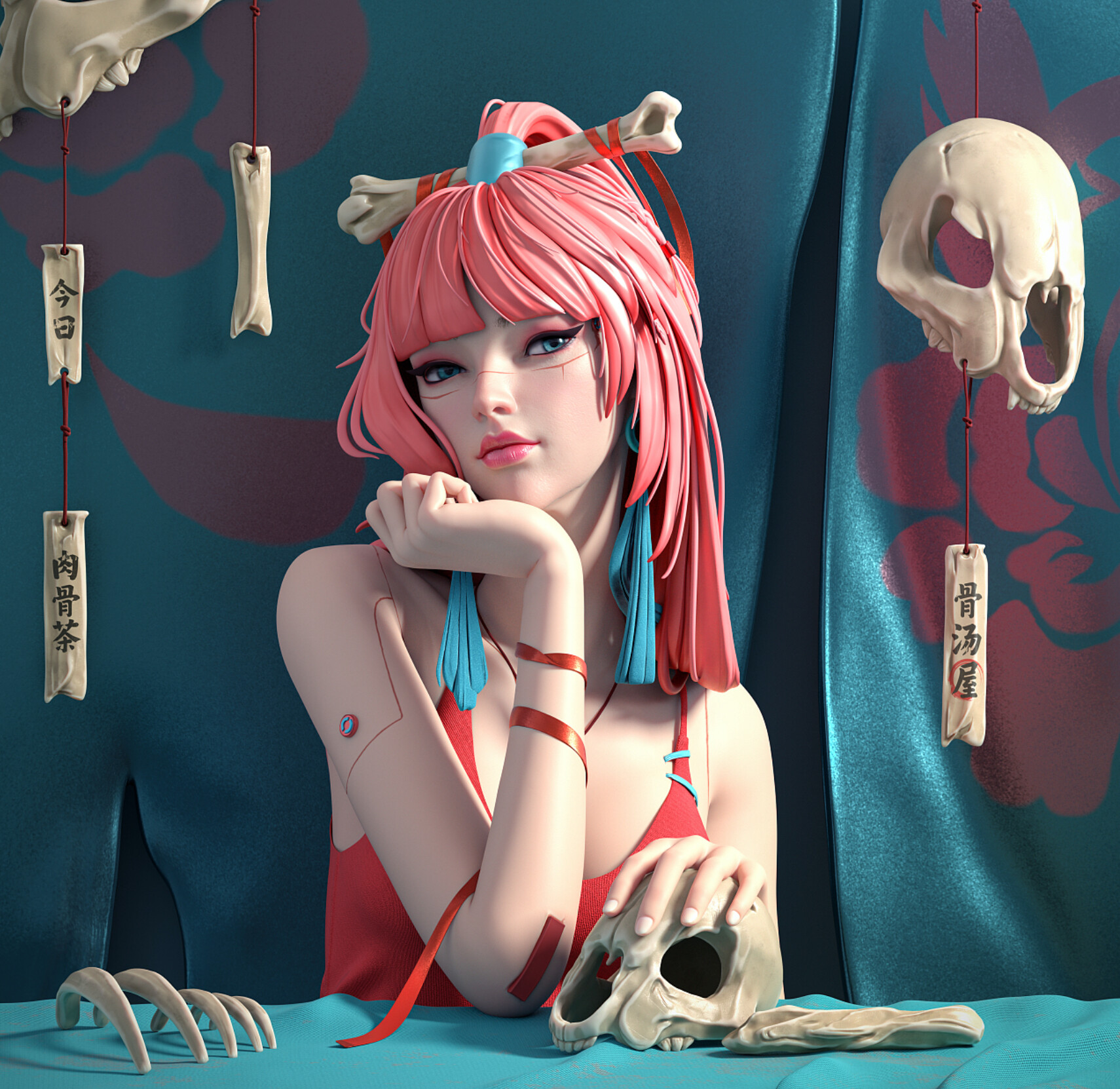 General 1710x1662 digital art artwork illustration women portrait pink hair blue eyes skull bones CGI