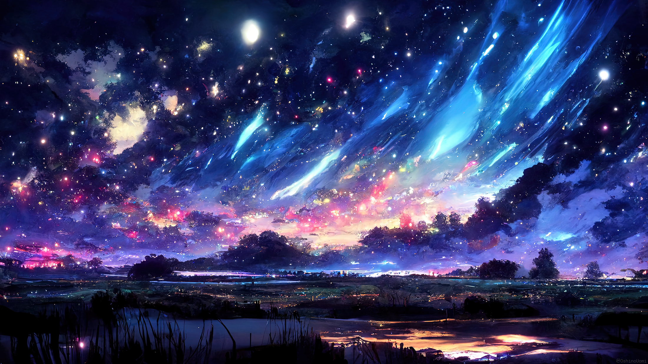 General 2200x1237 Uomi starred sky starry night landscape stars sky night AI art