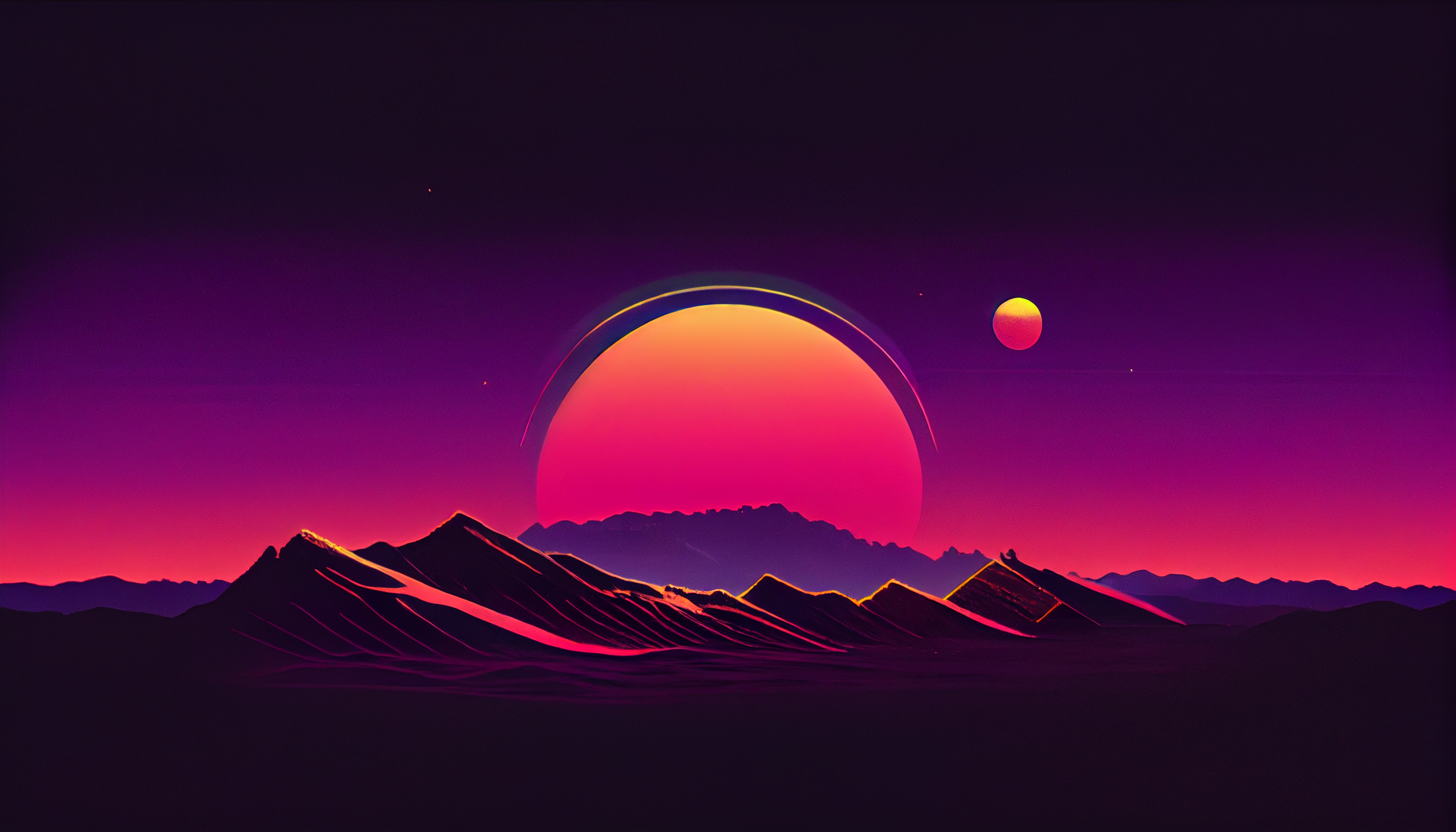 General 2688x1536 AI art sunset illustration synthwave mountains minimalism simple background