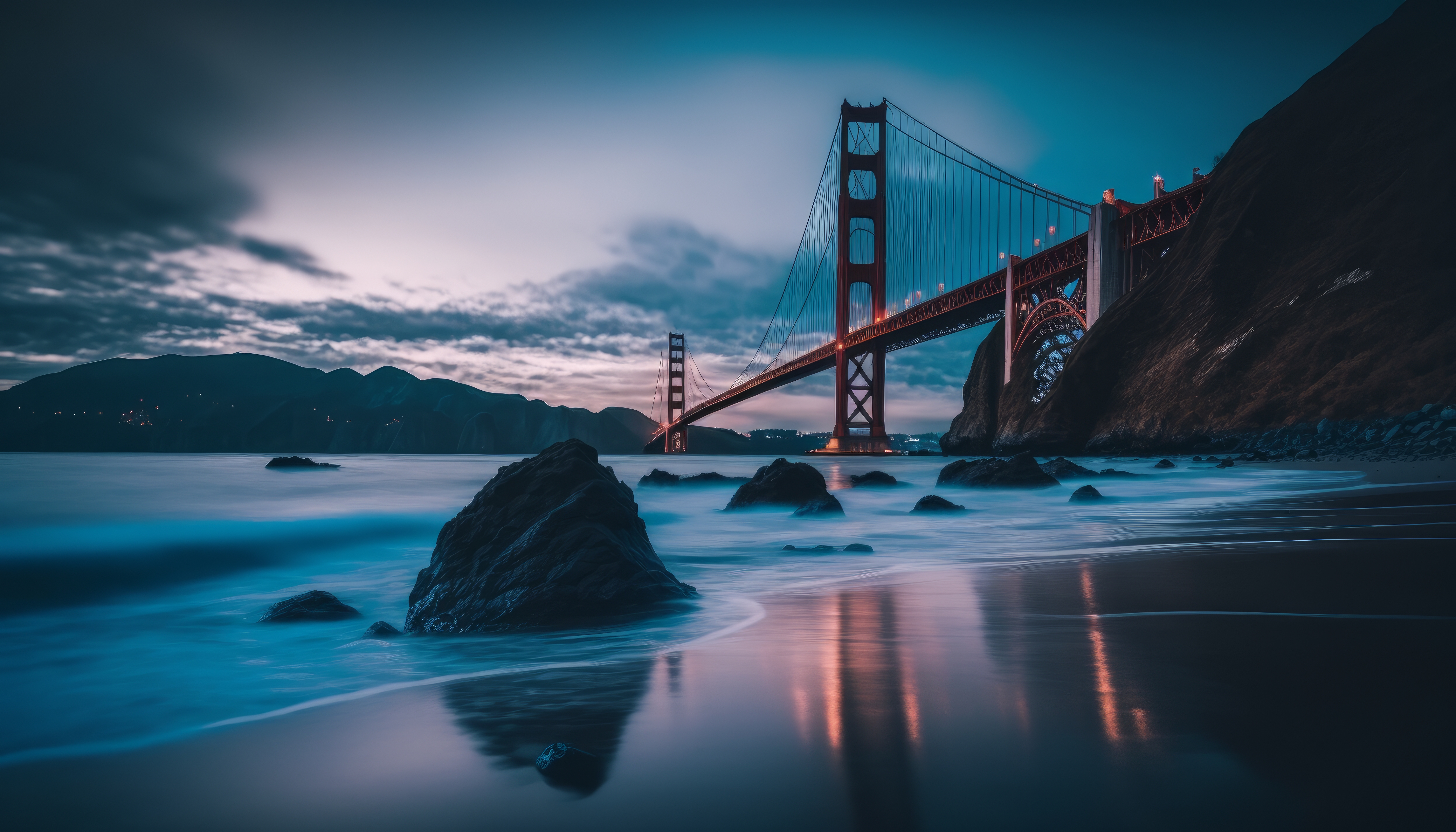 General 4579x2616 AI art Golden Gate Bridge Blue hour bridge water rocks reflection sky clouds waves