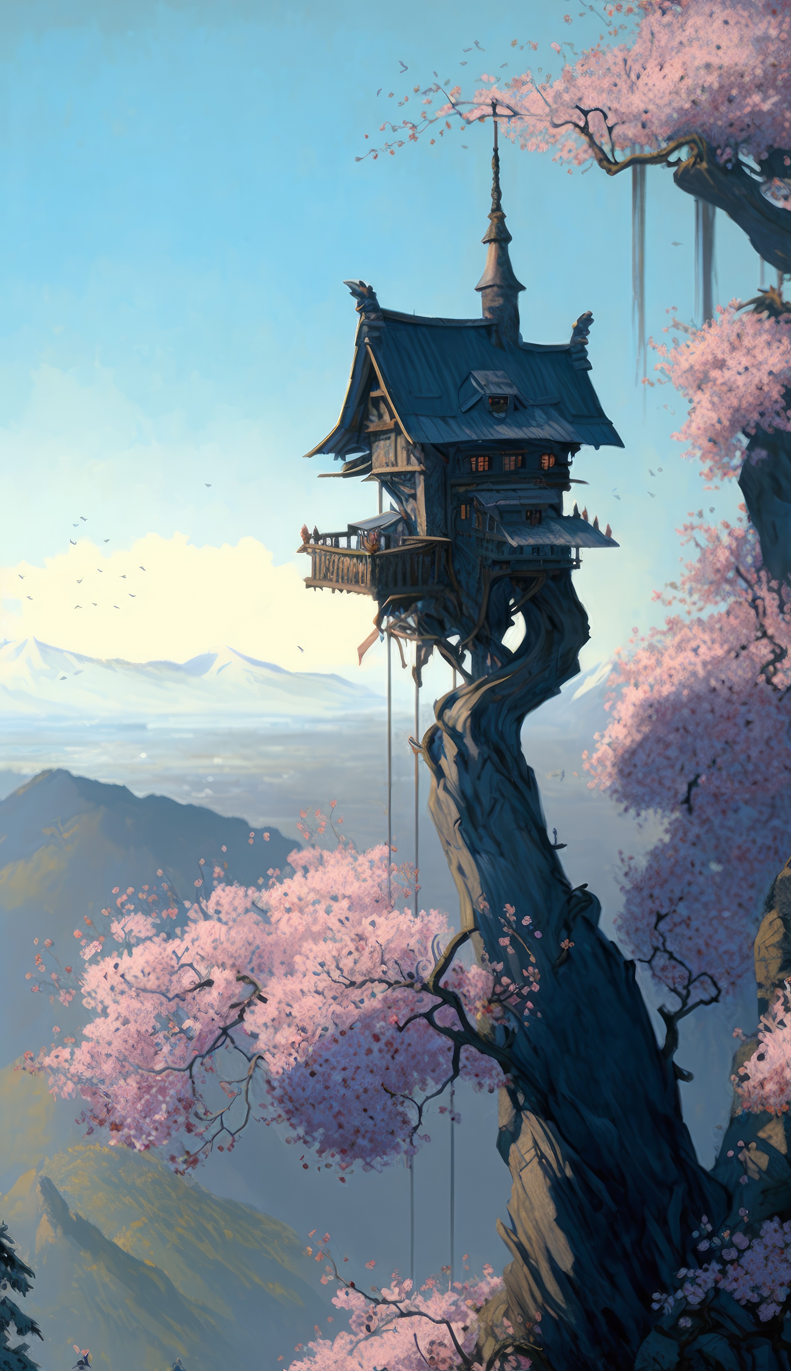 General 2630x4559 AI art illustration tree house cherry blossom mountains portrait display