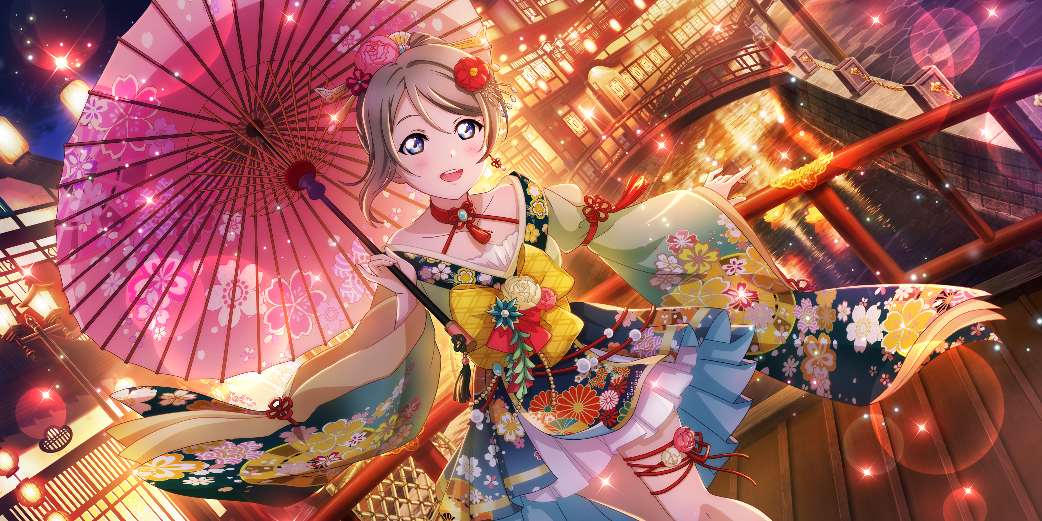 Anime 3600x1800 Watanabe You Love Live! Sunshine Love Live! anime anime girls umbrella stars night water kimono flower in hair bubbles