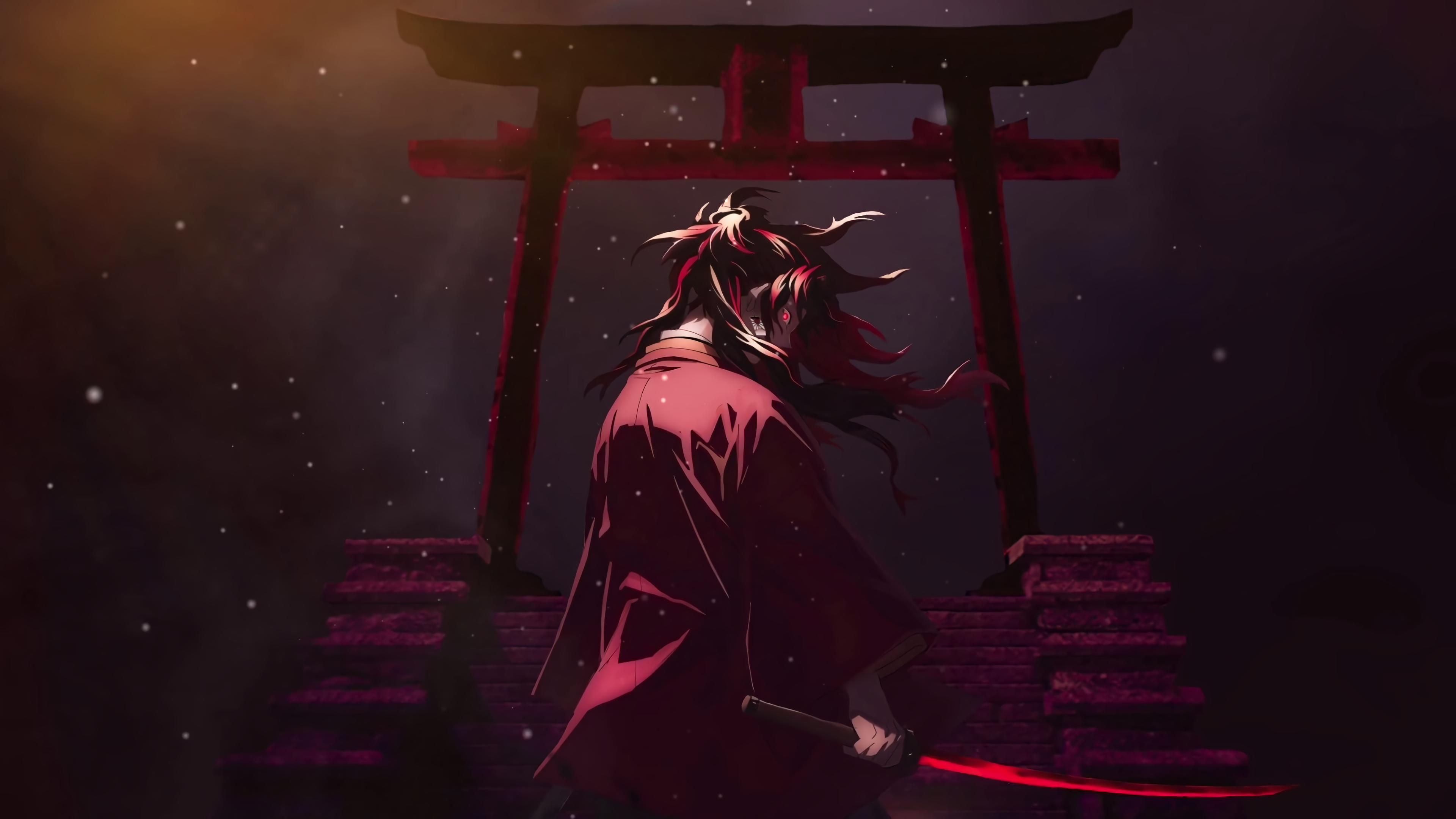 Anime 3840x2160 Kimetsu no Yaiba Yoriichi Yoriichi Tsugikuni demon eyes Demon face anime men torii katana sword glowing eyes stairs