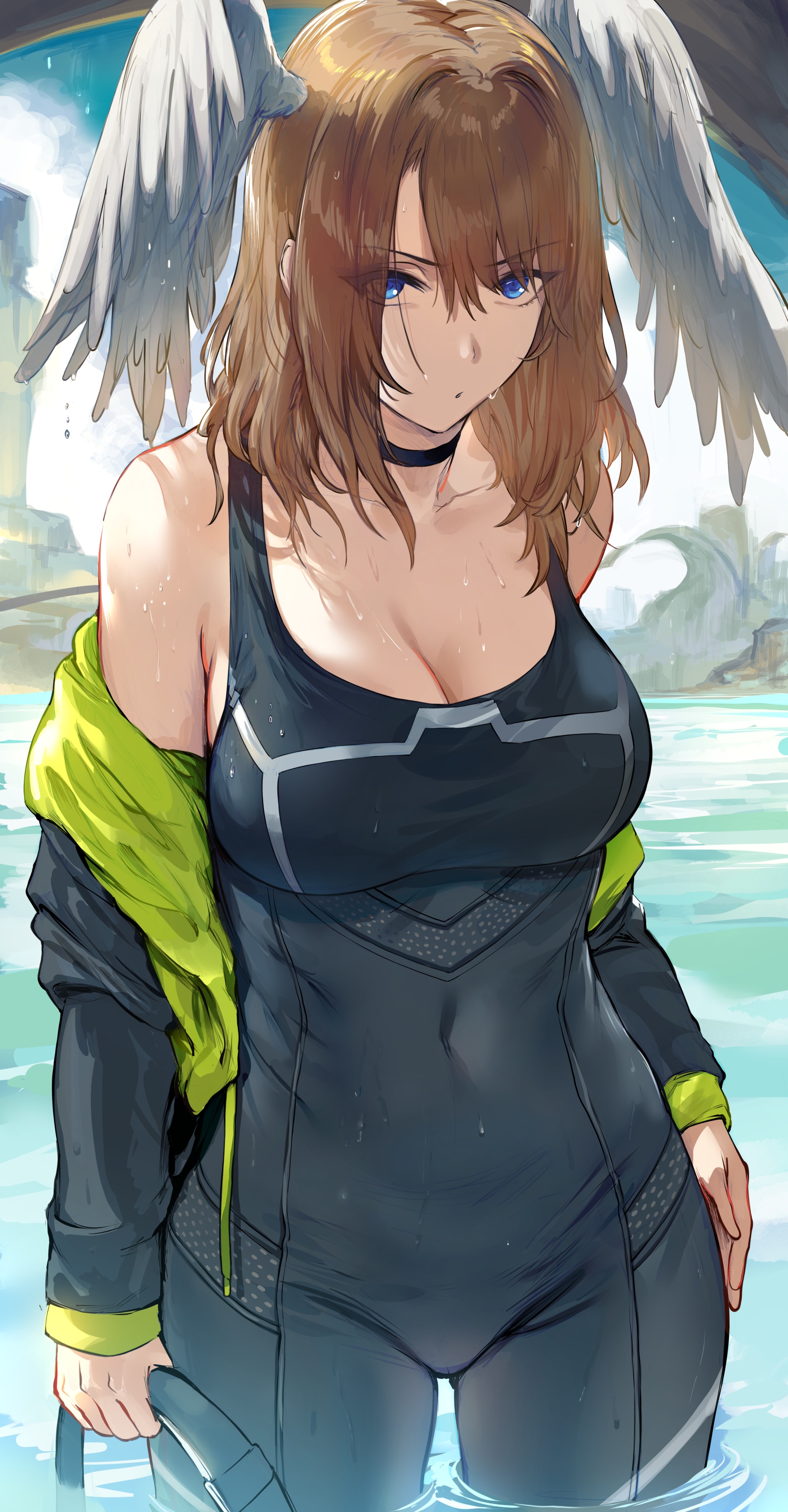 Anime 1824x3500 anime anime girls portrait display one-piece swimsuit cleavage choker wet wet body wings water standing in water big boobs Xenoblade Chronicles 3 Eunie (Xenoblade 3)