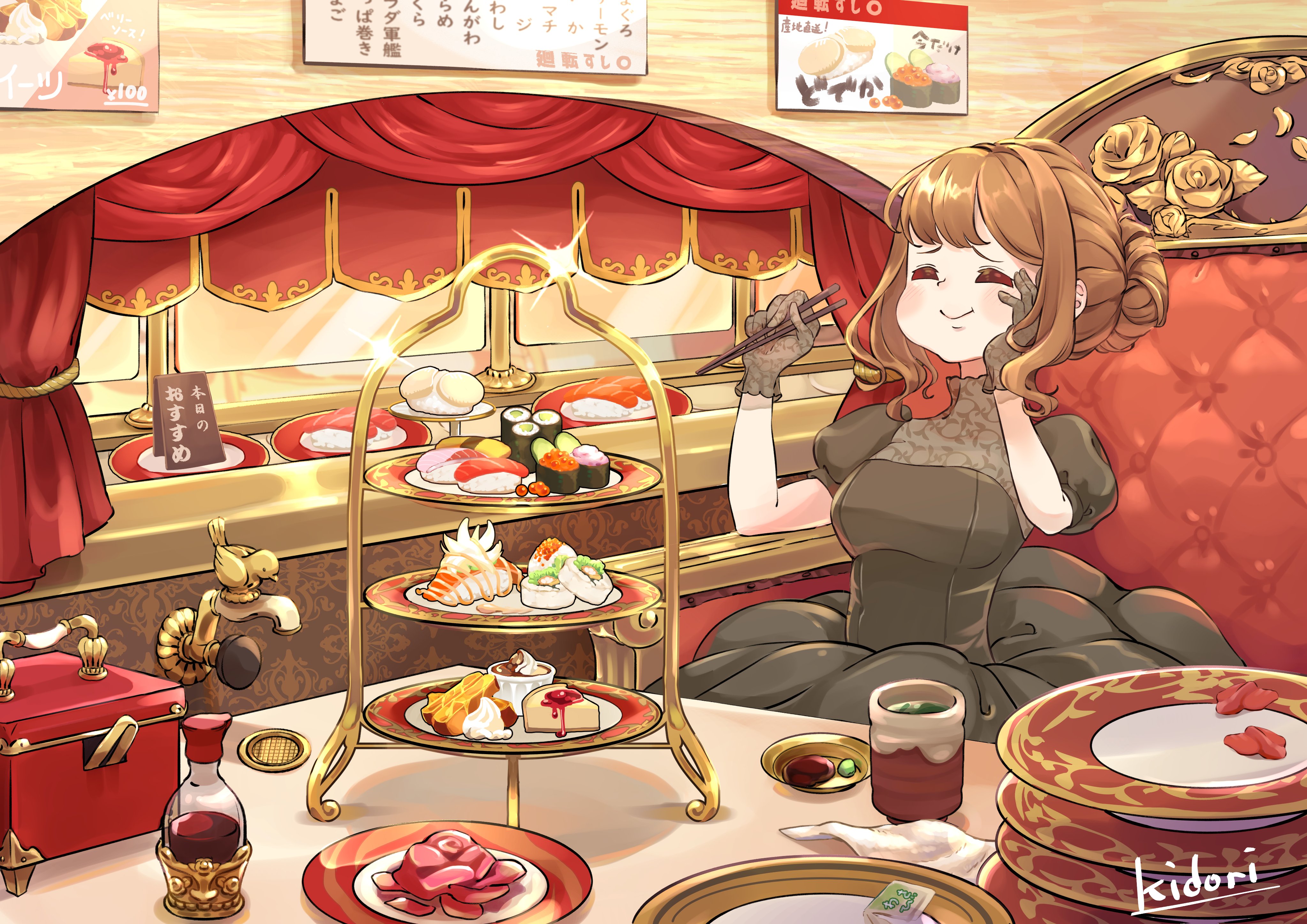 Anime 4093x2894 anime girls eating black dress sushi anime girls smiling closed eyes eating food sweets Cheesecake gloves