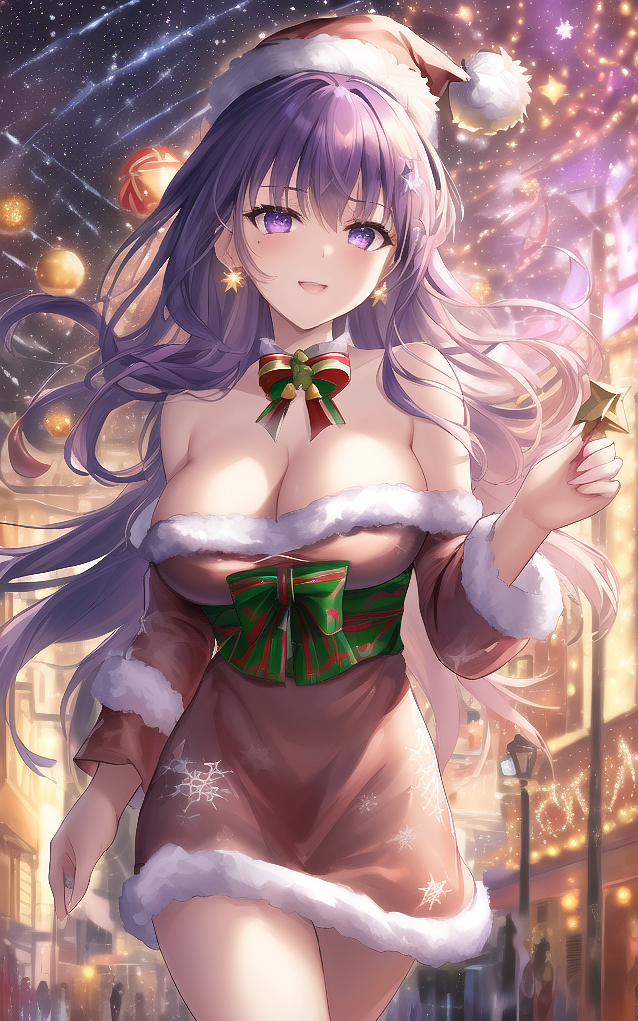 Anime 1280x2048 anime anime girls portrait display big boobs Santa hats cleavage earring Christmas clothes Christmas bow tie moles mole under eye AI art pink hair green eyes