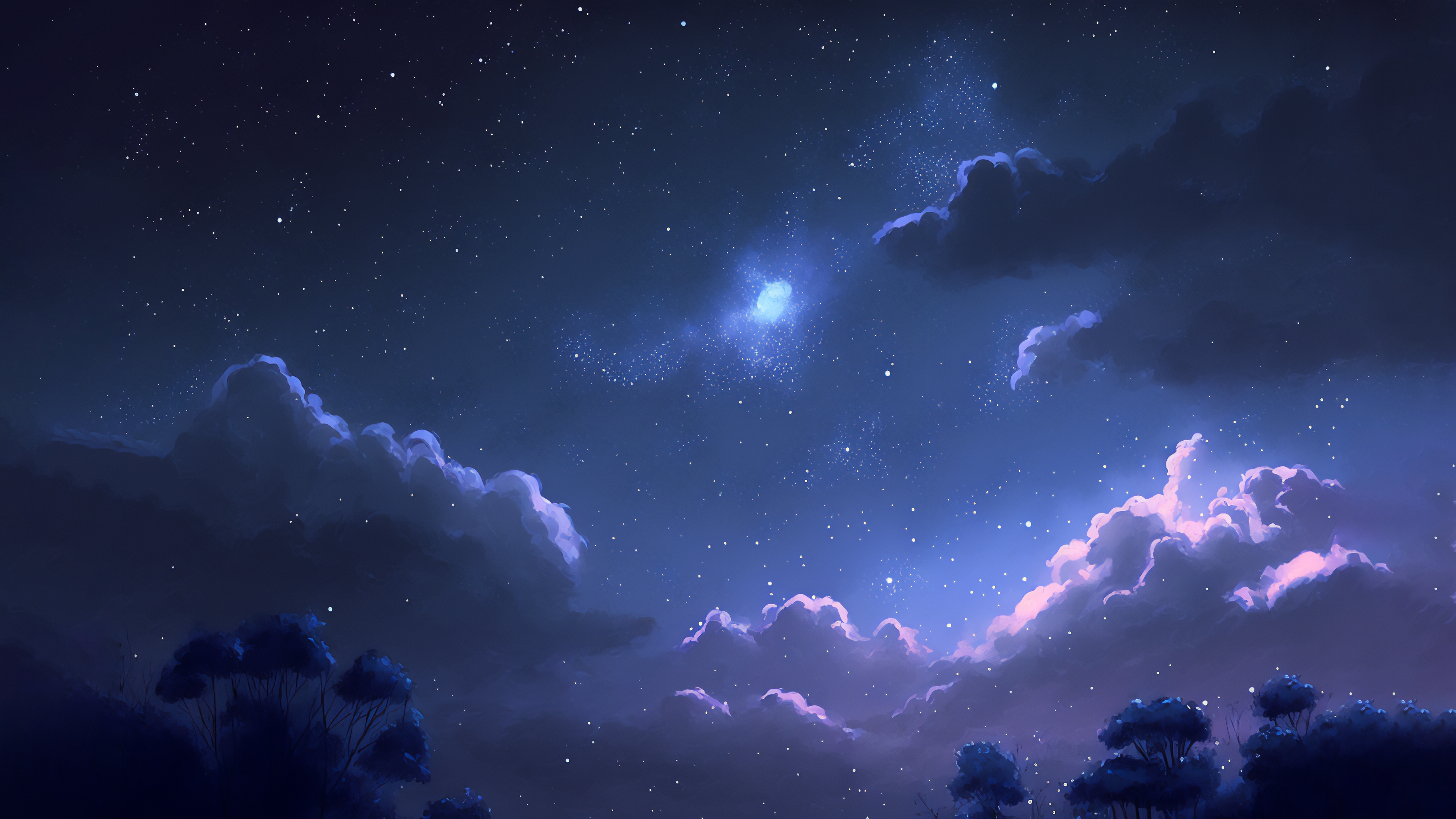 General 3640x2048 AI art trees night clouds blue stars starry night sky