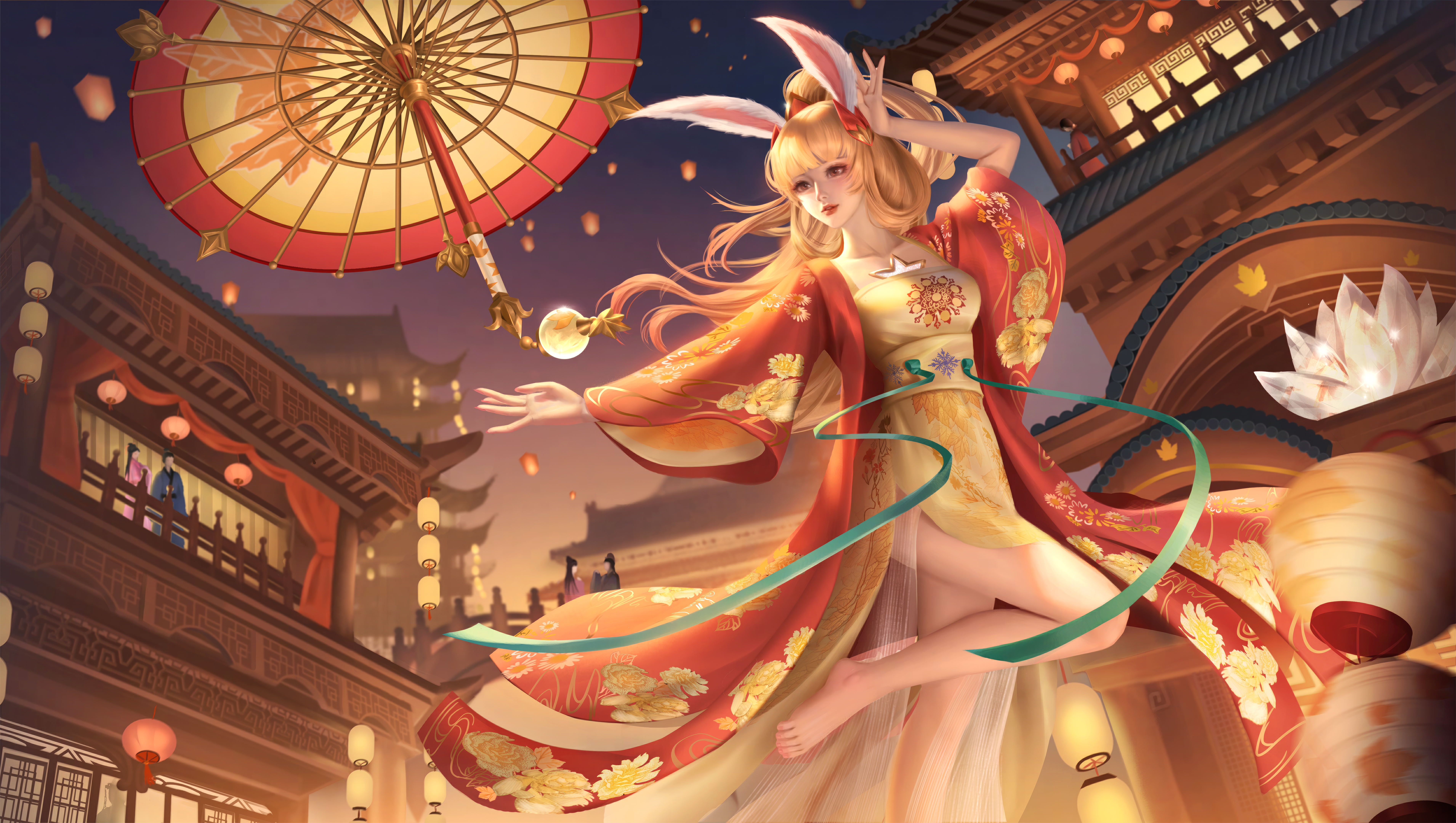 General 7641x4320 Game CG Honor of Kings video game girls video game art ChinaGuFeng leg up gold background legs Rabbids umbrella building dancer