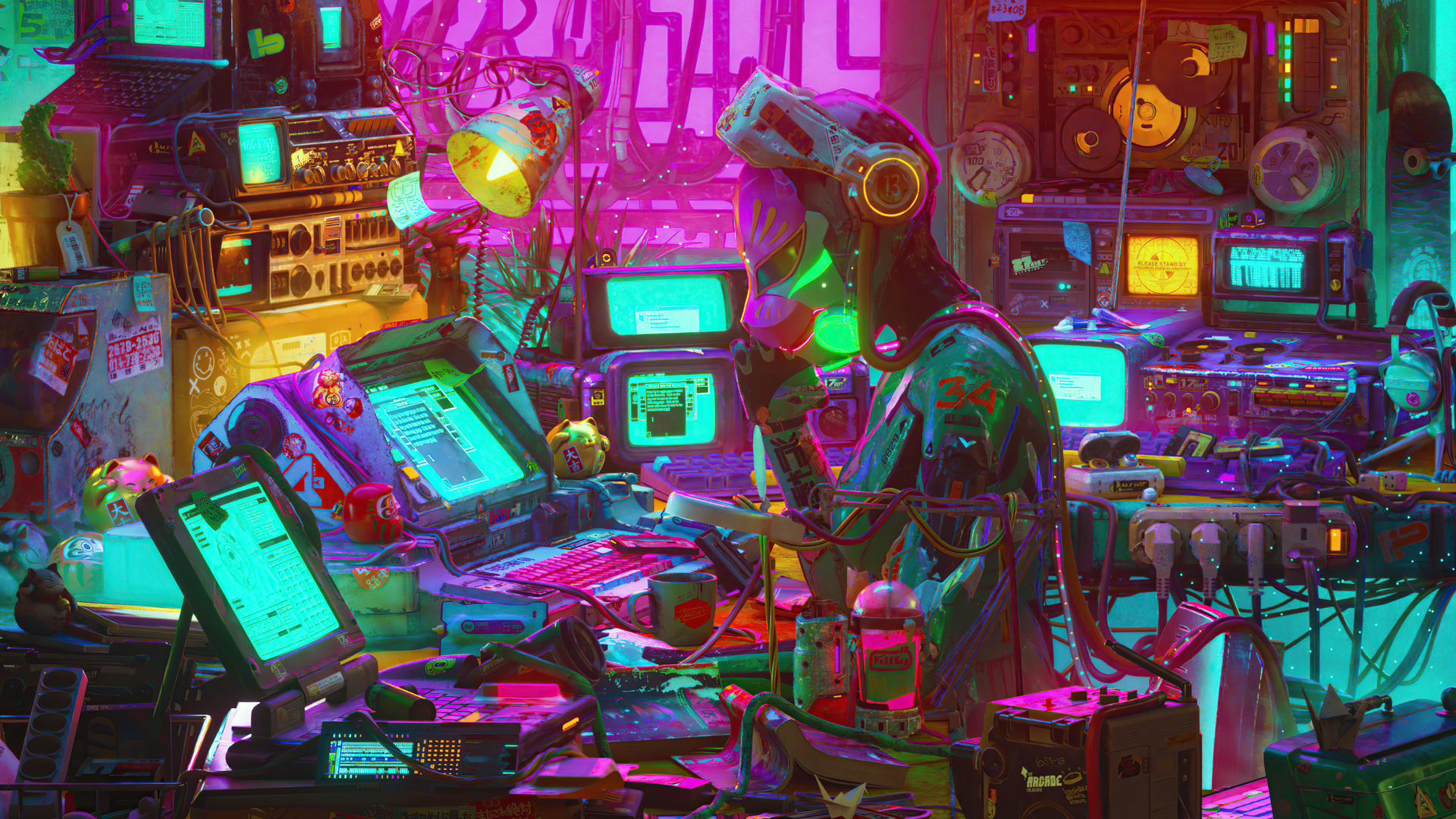 General 1920x1080 room indoors environment science fiction colorful cyberpunk computer cyborg messy headphones digital art artwork