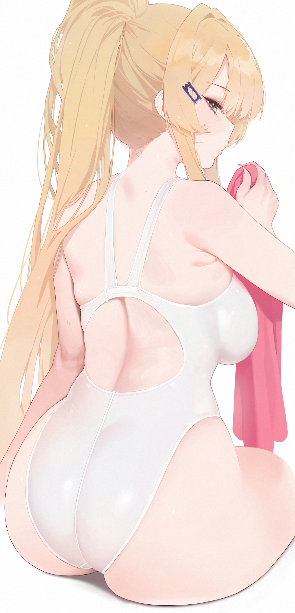 Anime 1204x2500 anime anime girls Mochirong blonde long hair ponytail blue eyes rear view portrait display looking at viewer one-piece swimsuit white swimsuit ass looking back swimwear