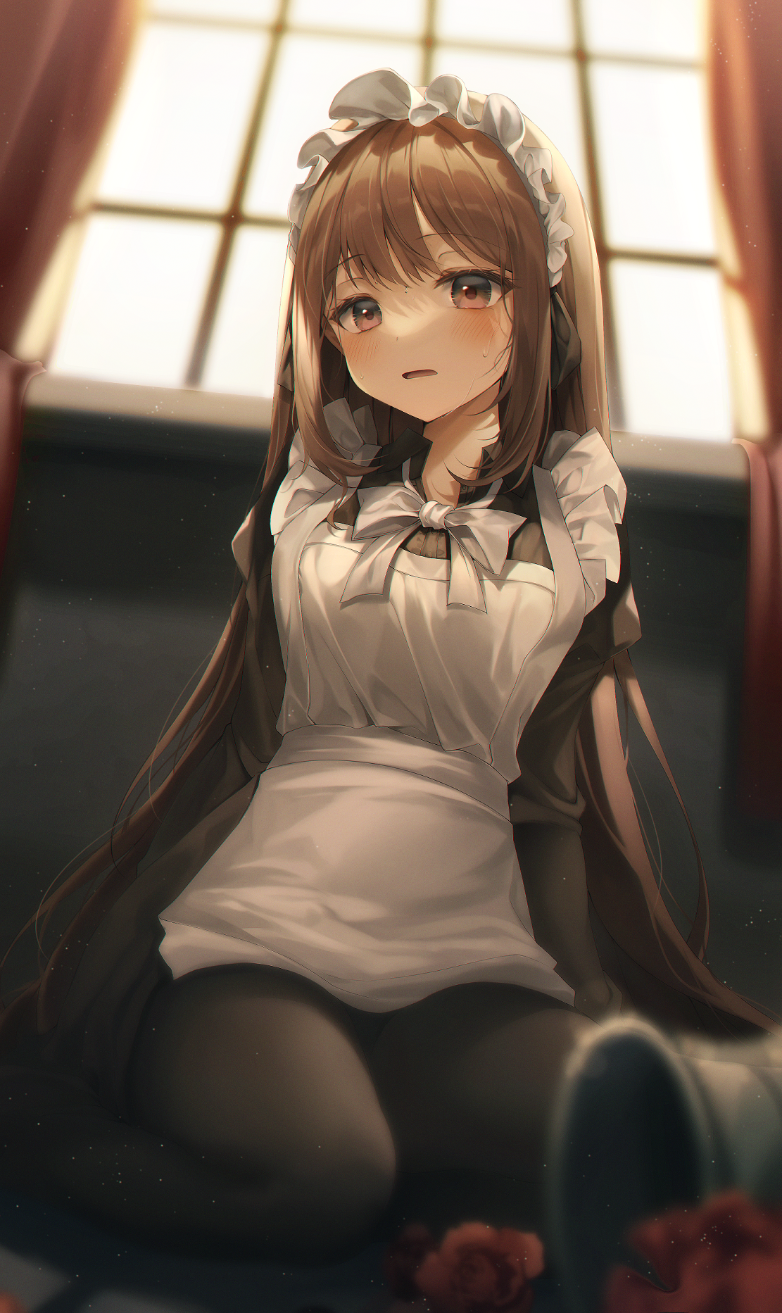 Anime 1111x1865 anime anime girls portrait display maid maid outfit long hair brunette brown eyes blushing