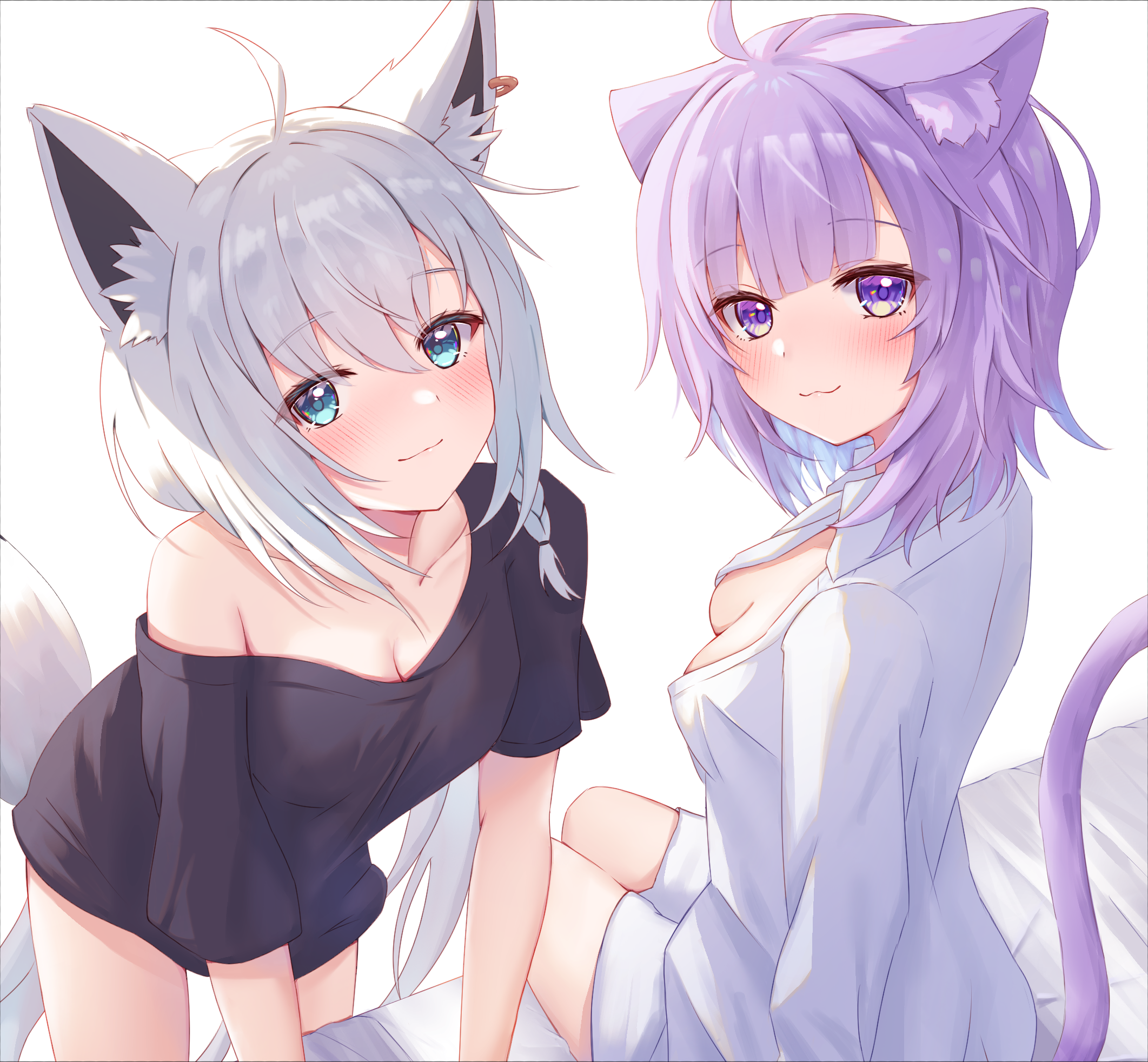 Anime 2123x1964 anime anime girls digital art artwork ecchi petite Pixiv 2D portrait portrait display looking at viewer cat girl cat ears cat tail wolf girls wolf ears wolf tail blushing braids white background simple background bright
