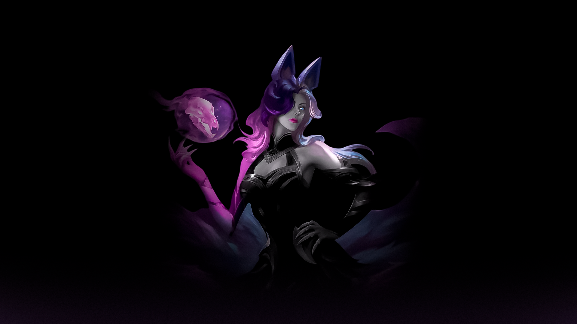 General 1920x1080 Ahri (League of Legends) coven (League of Legends) Riot Games video games video game characters claws simple background dark background lipstick closed mouth pink lipstick blue eyes looking at viewer video game girls skinny hands on waist fox girl fox ears fox tail League of Legends