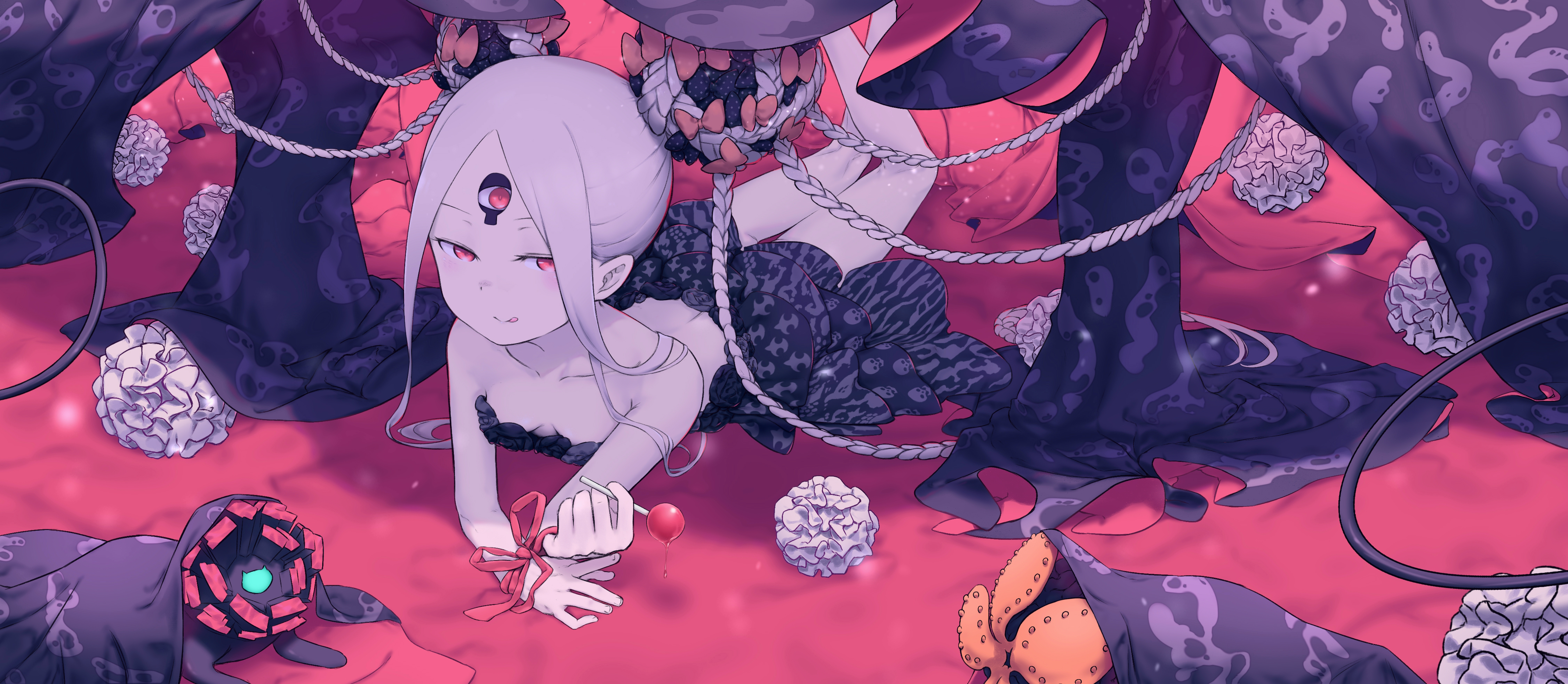 Anime 4508x1968 anime girls long hair purple hair Fate series Abigail Williams (Fate/Grand Order) red eyes tongue out lying down lying on front tongues looking at viewer collarbone braids tojo-nojomi smiling feet in the air lollipop