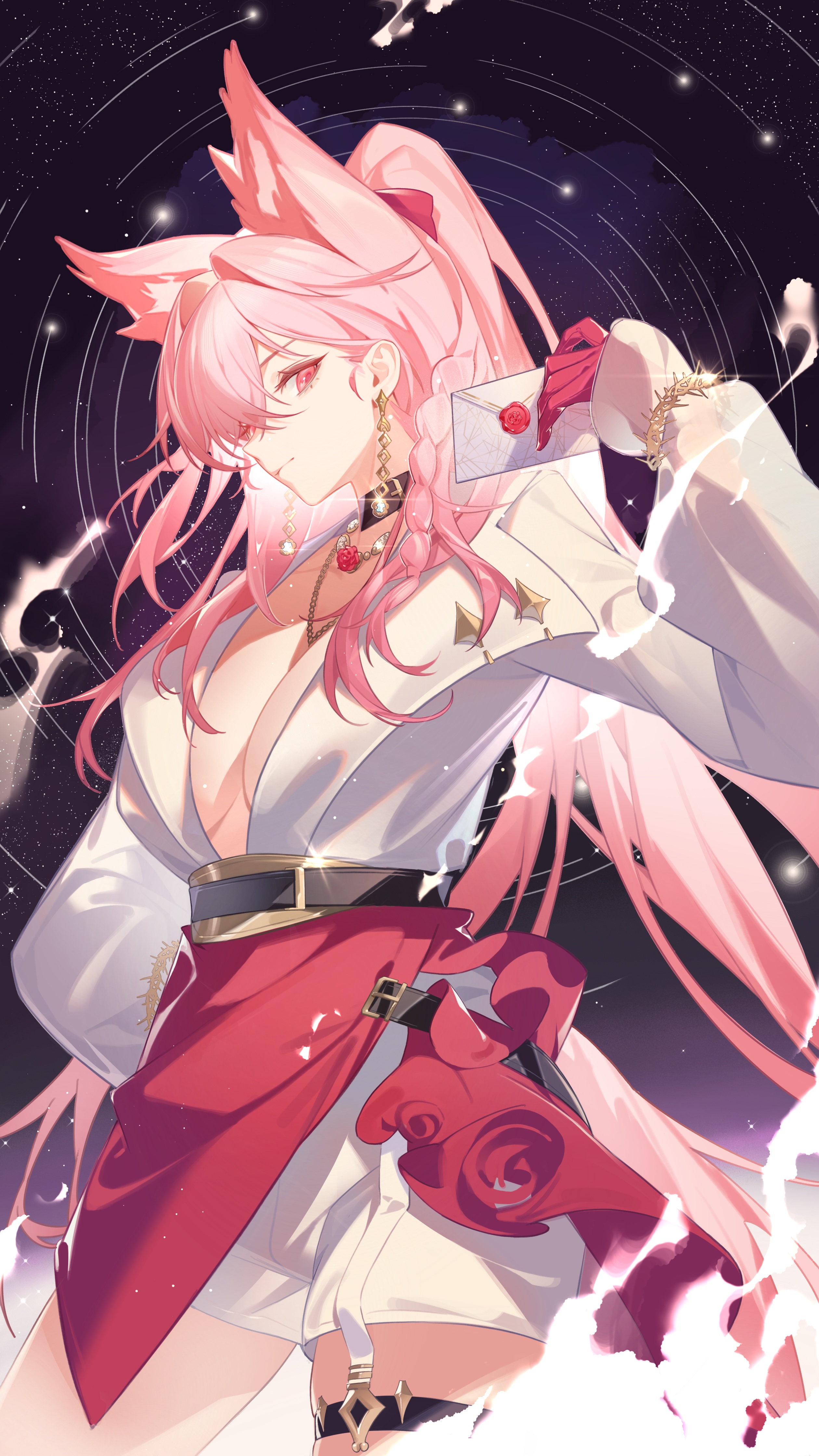 Anime 2520x4480 anime anime girls fox girl portrait display Pozёmka (Arknights) letter looking at viewer Arknights long hair pink hair pink eyes cleavage no bra big boobs red gloves gloves closed mouth necklace white jacket open clothes open shirt ponytail wolf girls wolf ears wolf tail expressionless shorts